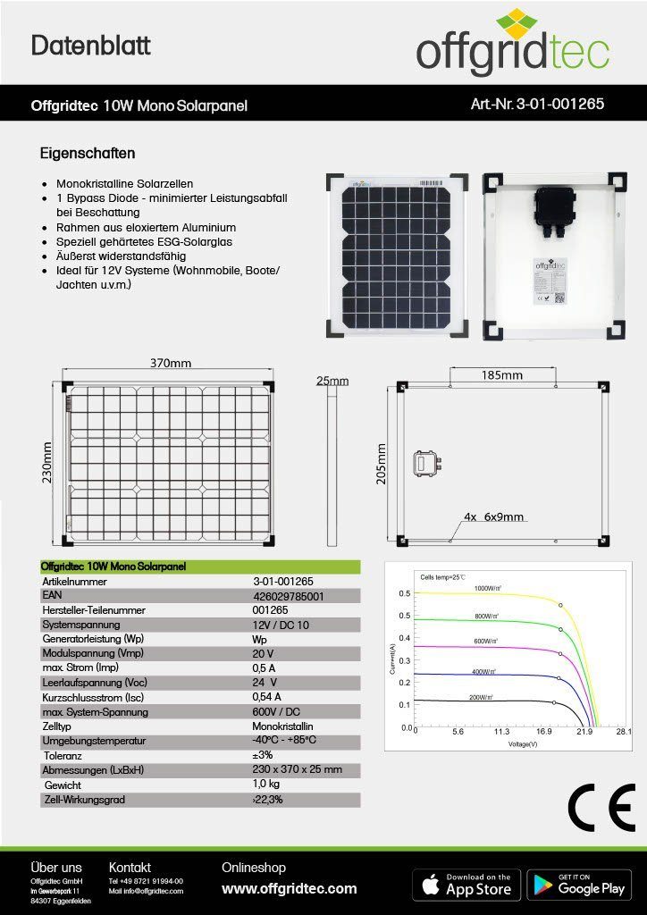 offgridtec Solarmodul Offgridtec® 10W MONO 12V Solarpanel, Monokristallin, (kein Set)