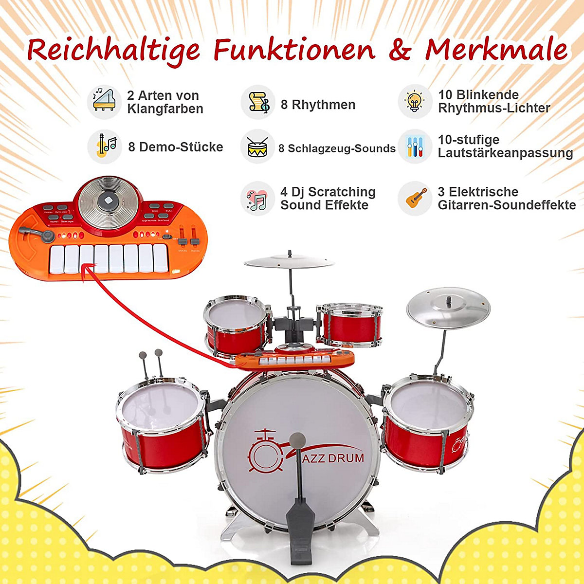 Schlagzeug mit Keyboard & 5 Trommeln & Hocker