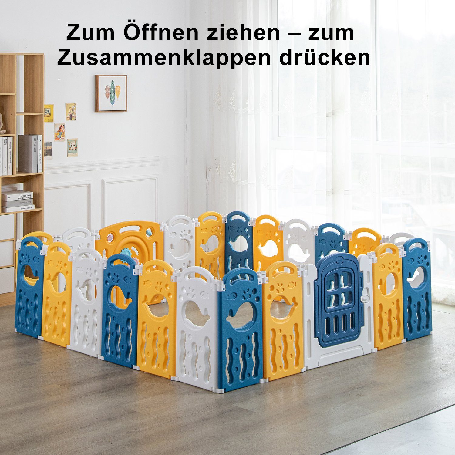 Seven Comfort Laufgitter Zusammenklappbares, vielseitig kombinierbares Kinderschutzgitter (faltbar Absperrgitter mit Rutschfester Basis Krabbelgitter mit Tür), frei kombinierbar, Zusammenklappbar, 60cm, mit Schloss, Spielplatz