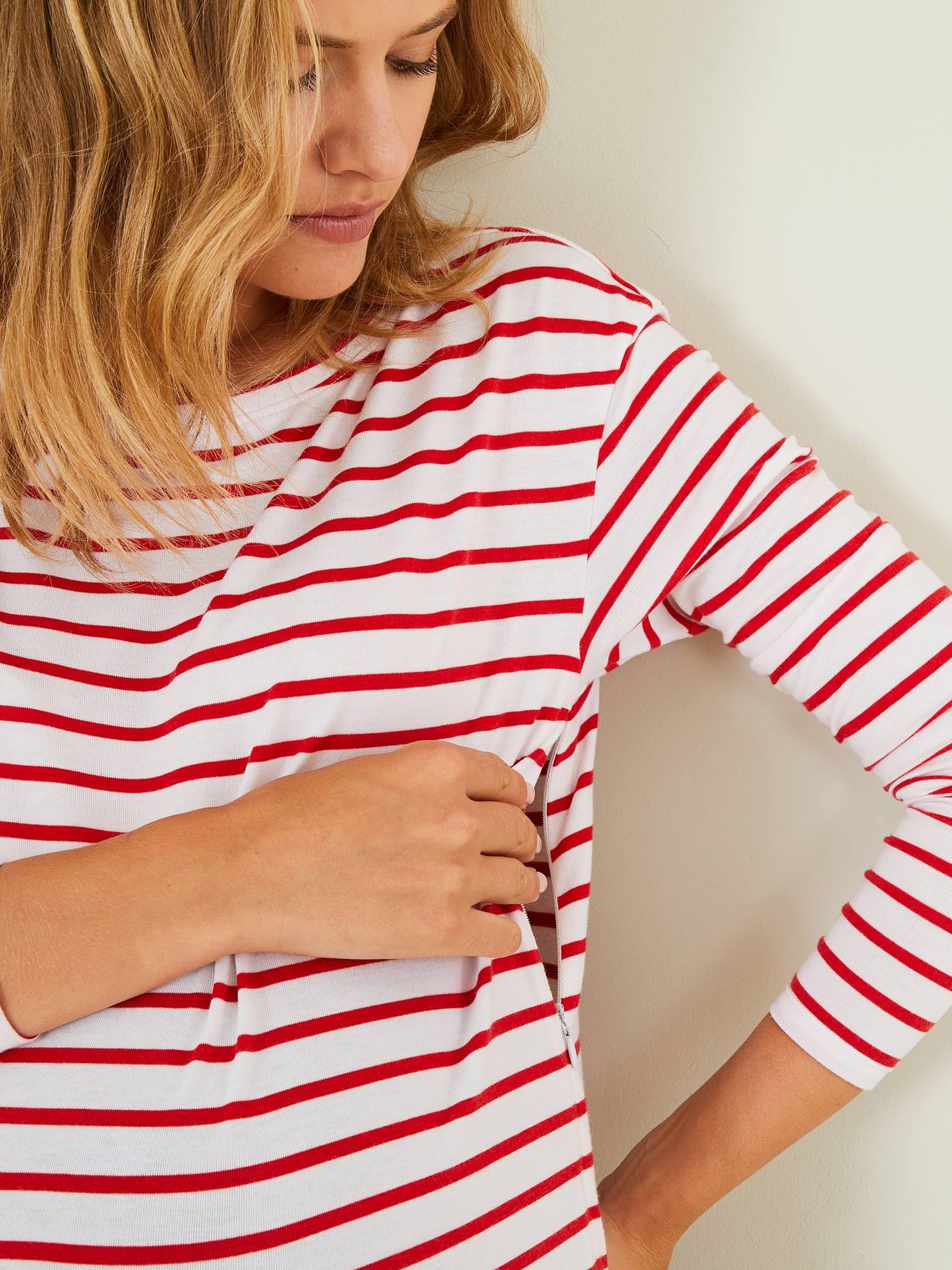 T-shirt marinière de grossesse et d'allaitement blanc clair rayé marine