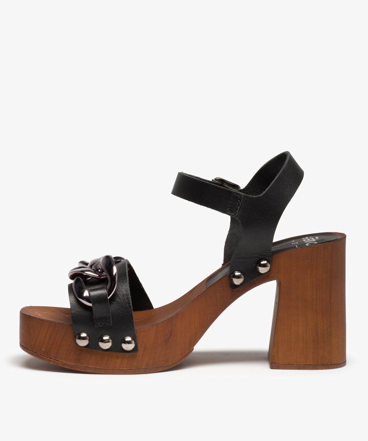 Sandales femme style sabots à talon dessus cuir noir | GEMO