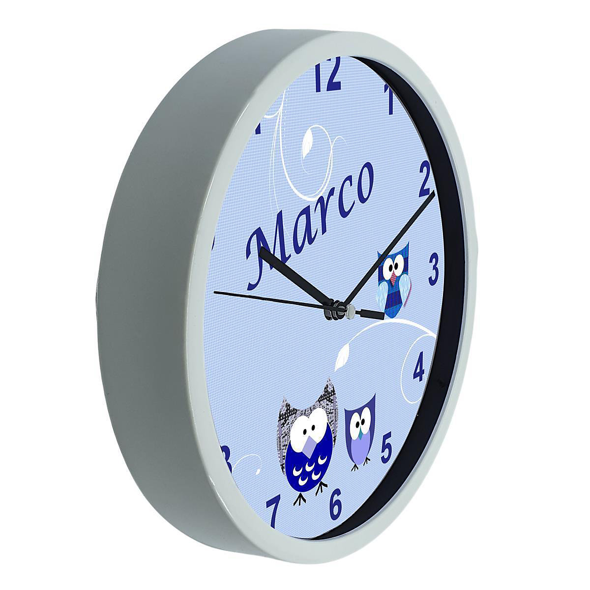 Kinder Wanduhr personalisiert mit Name Eule Blau