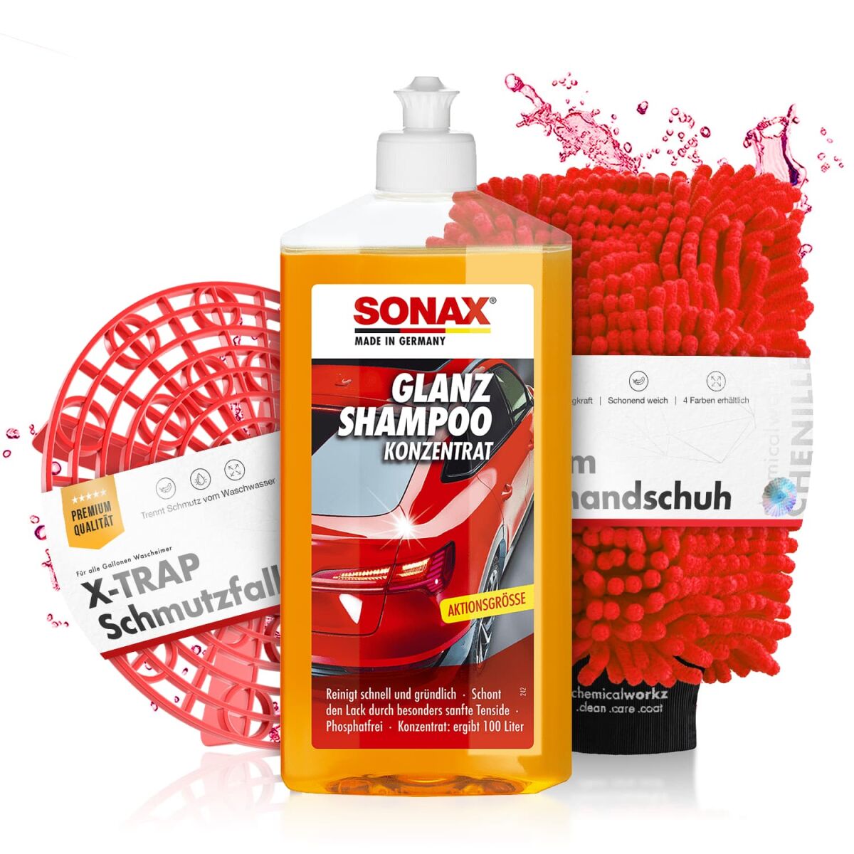 Autowäsche Set: Waschset Sonax Glanzshampoo Konzentrat 500ml inkl. Schmutzsieb & Mikrofaser Autowaschhandschuh - Autowäsche, Waschhandschuh, waschen, reinigen, pflegen | 3-teilig