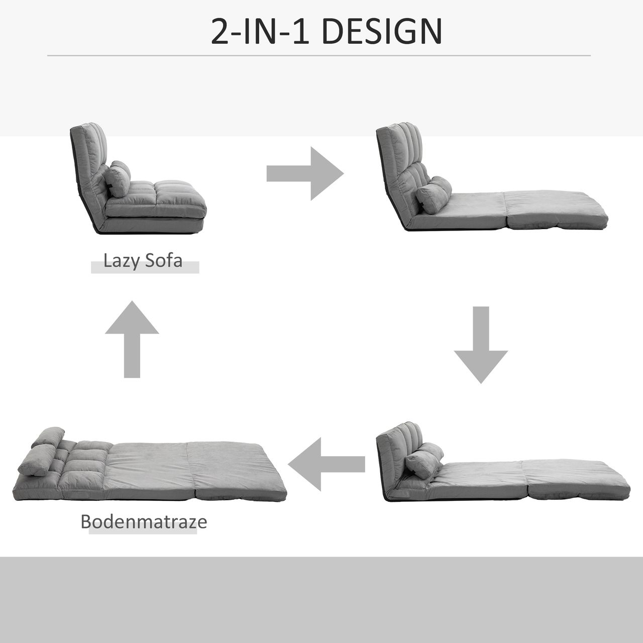 HOMCOM Bodenstuhl 2-in-1 Bodensessel Bett mit Rückenlehne Verstellbar Grau