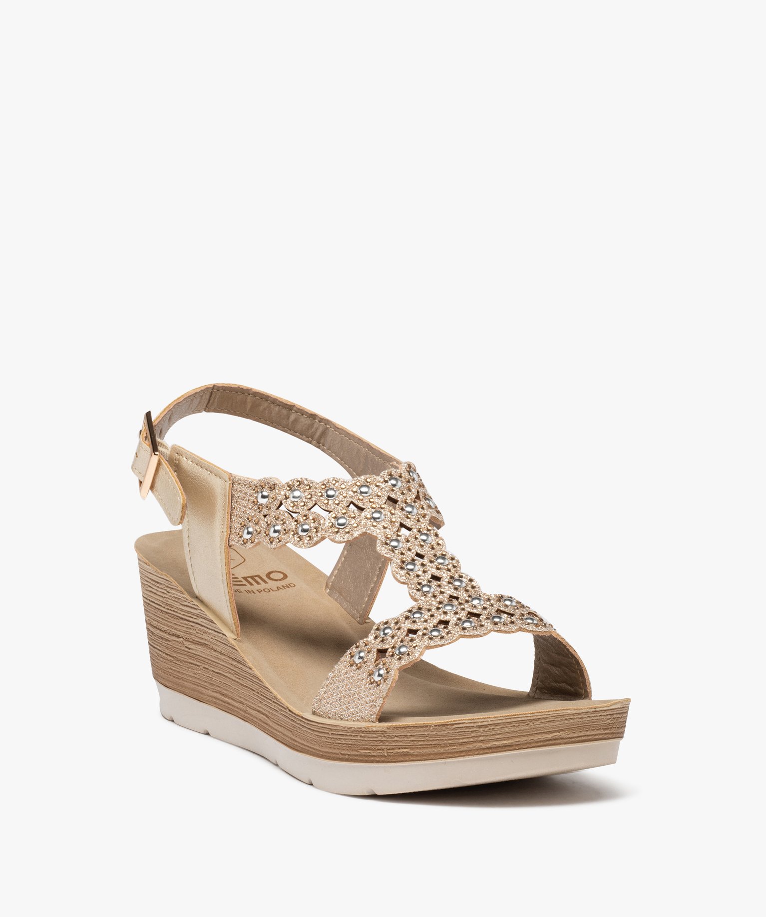 Sandales femme compensées ornées de strass et de perles or | GEMO