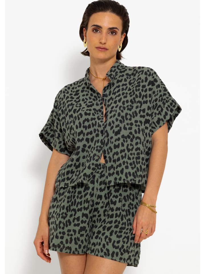 SASSYCLASSY Musselin Bluse mit Zebra in khaki I schwarz günstig kaufen
