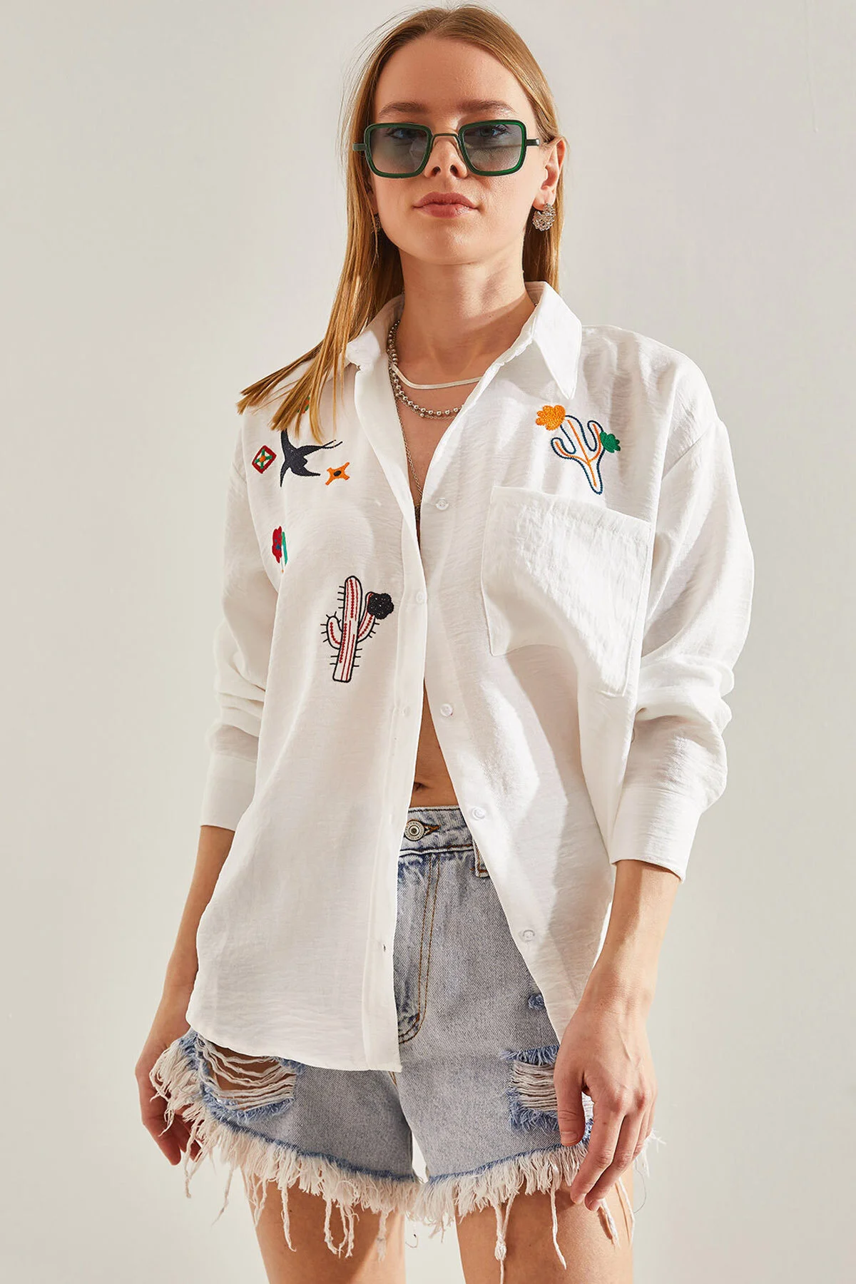 Bianco Lucci  Damen besticktes Leinenhemd