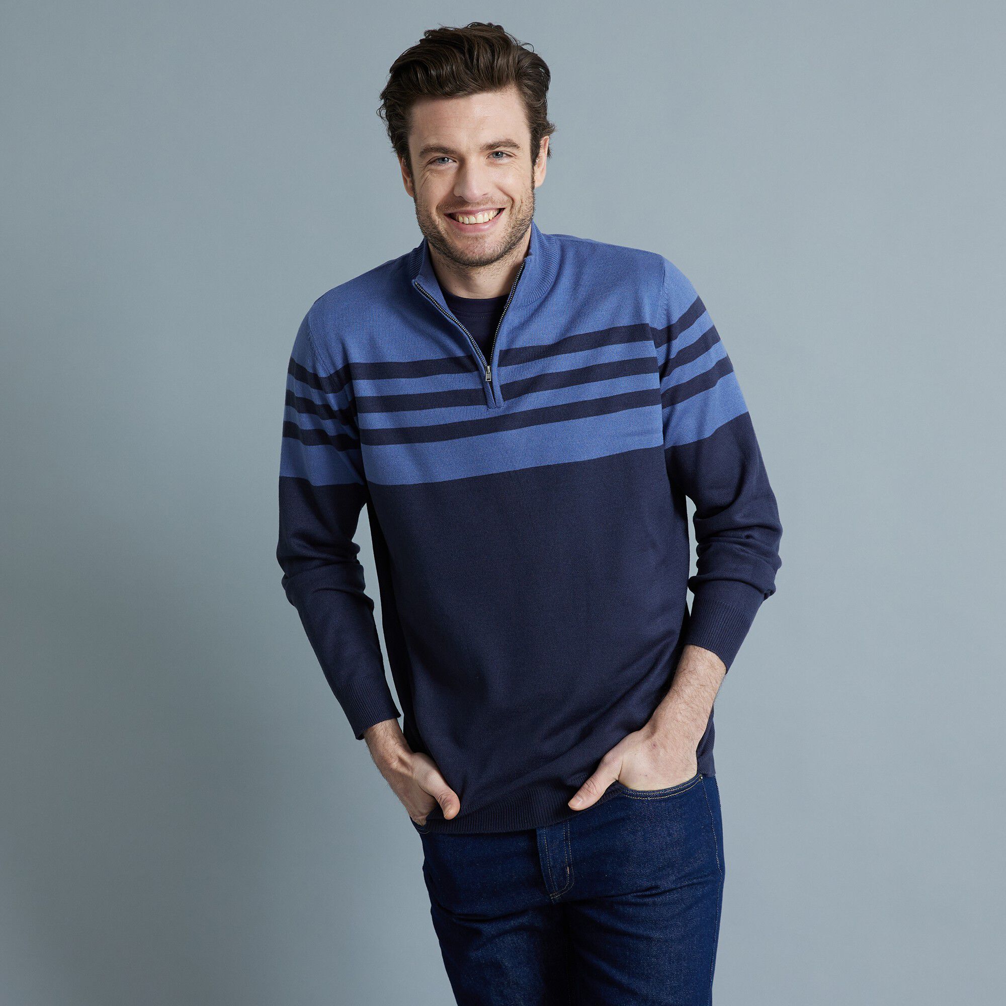 Pull rayé col montant zippé toucher cachemire