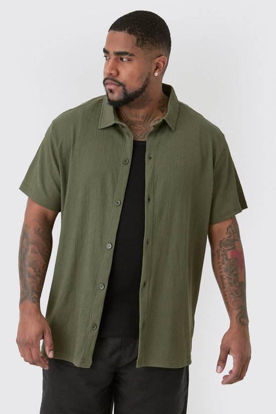 Plus Short Sleeve Regular Textured Shirt In Khaki