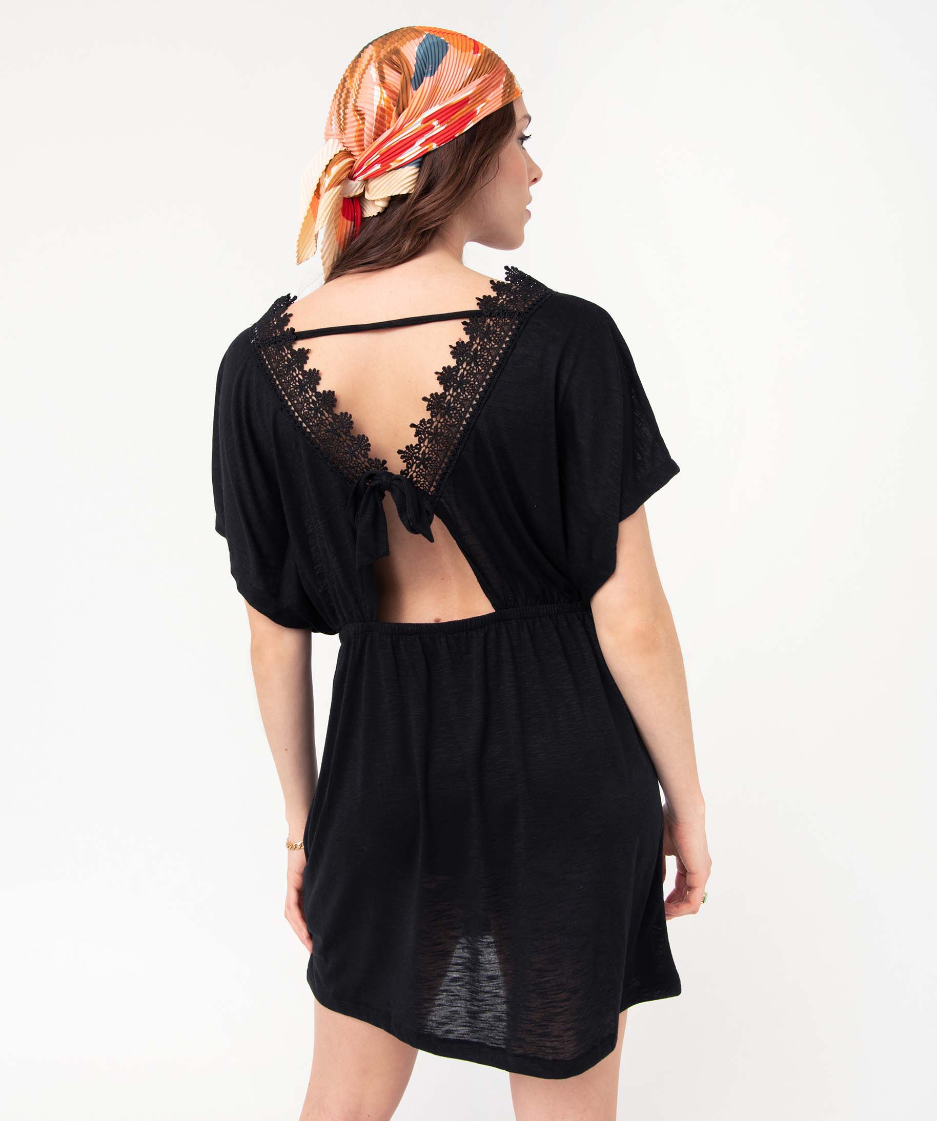 Robe de plage femme avec col en dentelle noir | GEMO