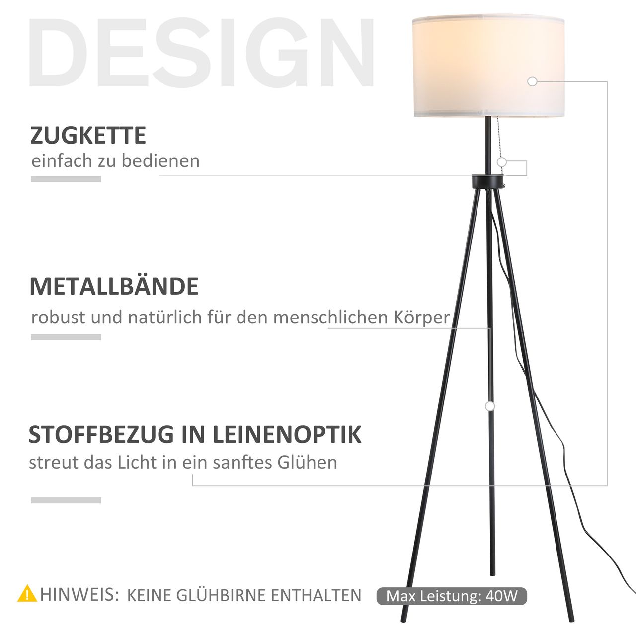 HOMCOM Stehlampe Stehleuchte Standleuchte E27, Stahl Polyester, 37x37x152cm (Schwarz Weiß)