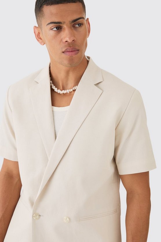 Zweireihiger Mix & Match kurzärmliger Blazer aus Leinenmischung