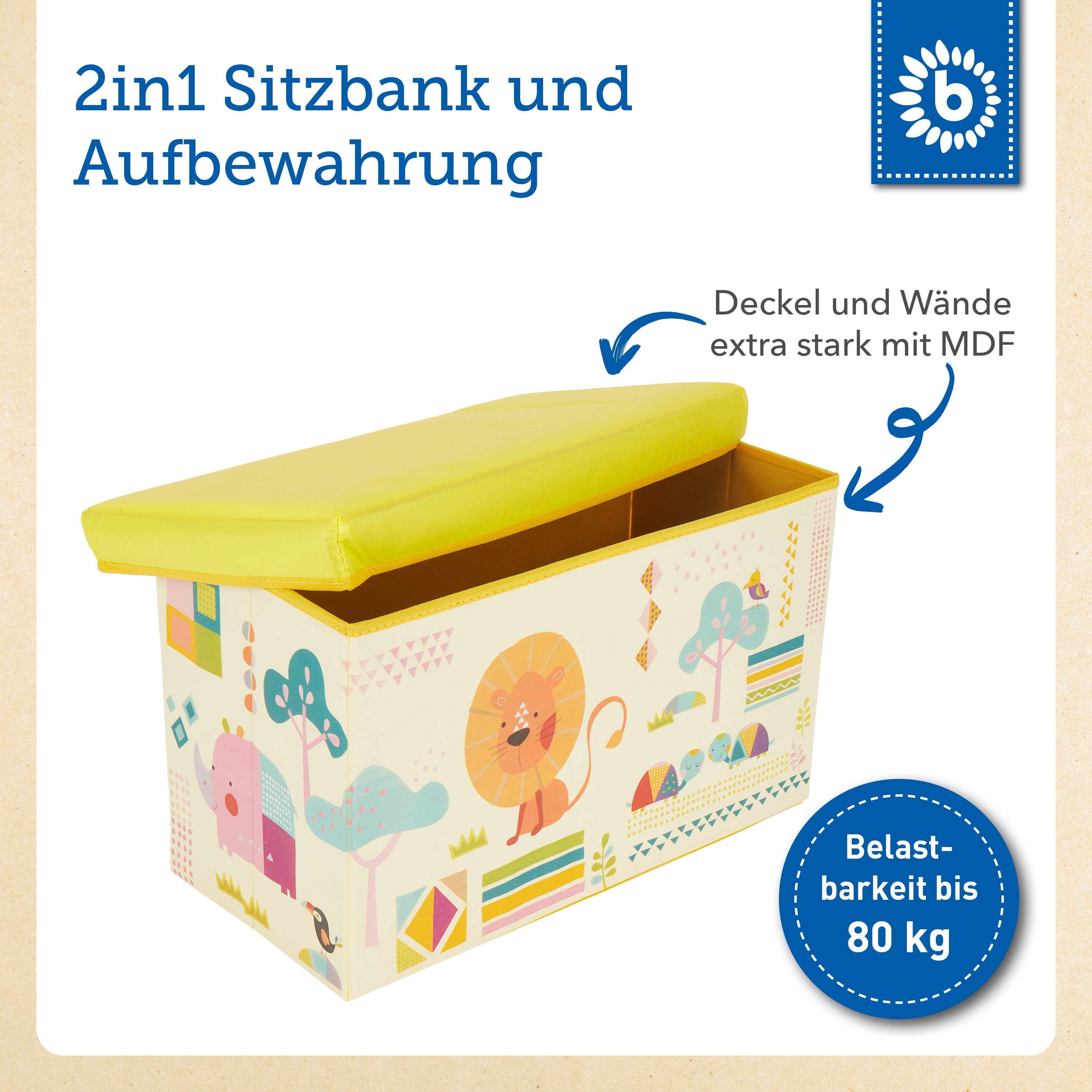 BIECO Spielzeugtruhe Bieco Aufbewahrungsbox mit Deckel 60L, faltbar ca. 60x30x35cm Spielzeugkiste mit Deckel Aufbewahrungsbox Kinder Kisten mit Deckel Aufbewahrungsbox Groß Wickeltisch Organizer Zoo Motiv