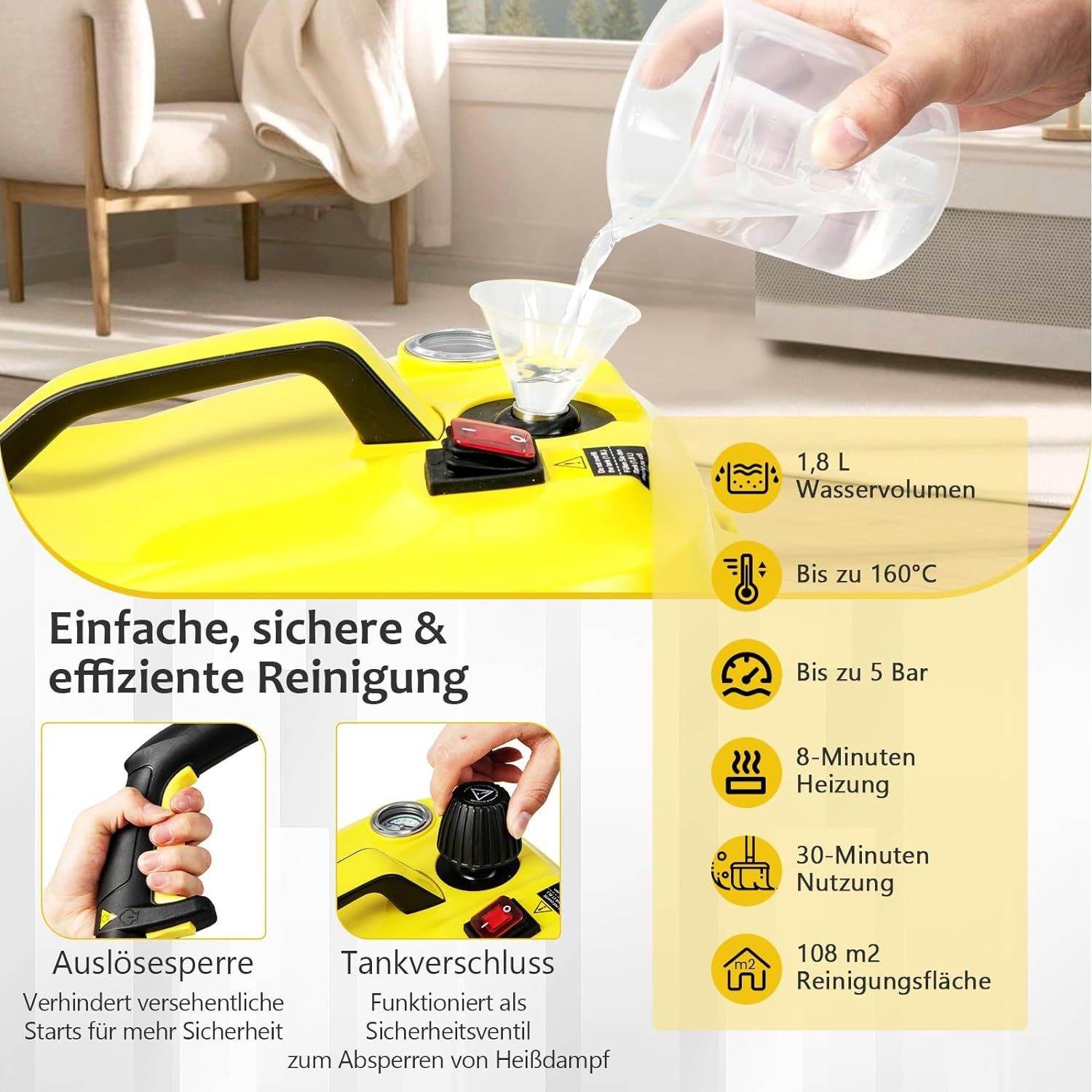 KOMFOTTEU Dampfreiniger, 2000,00 W, 1,8 L Wasserkapazität
