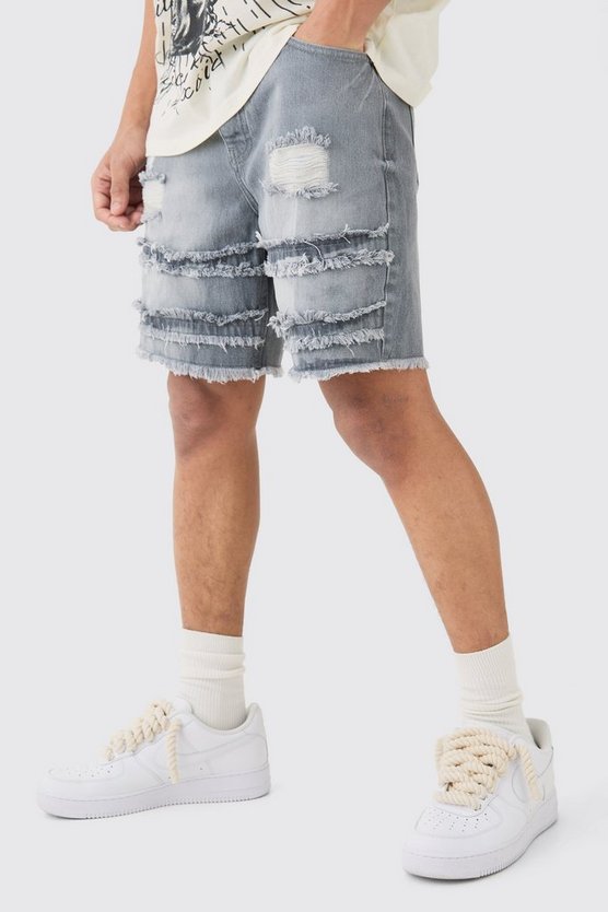 Lockere zerrissene Jeansshorts in Grau