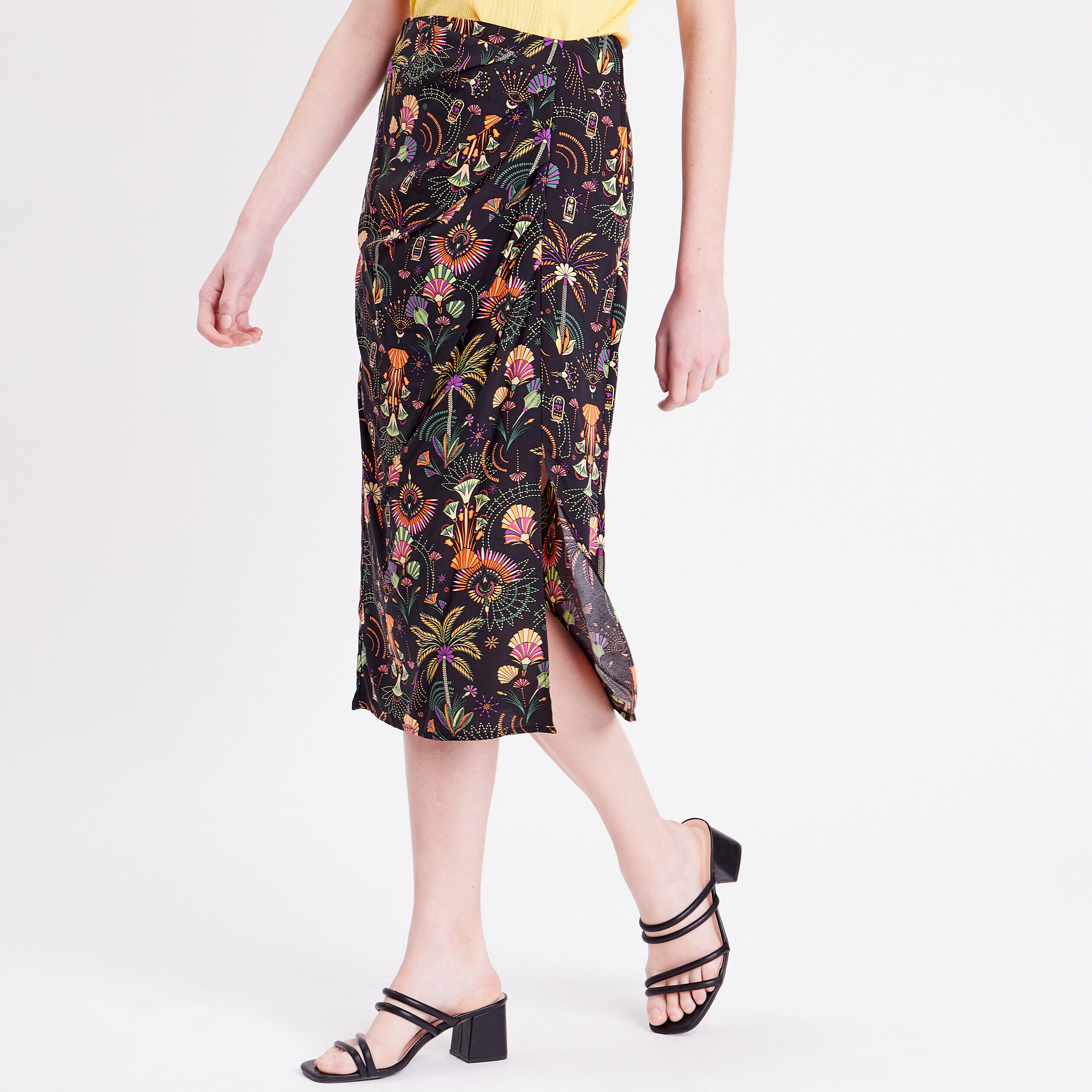 Jupe droite fluide fendue noir femme | Cache Cache