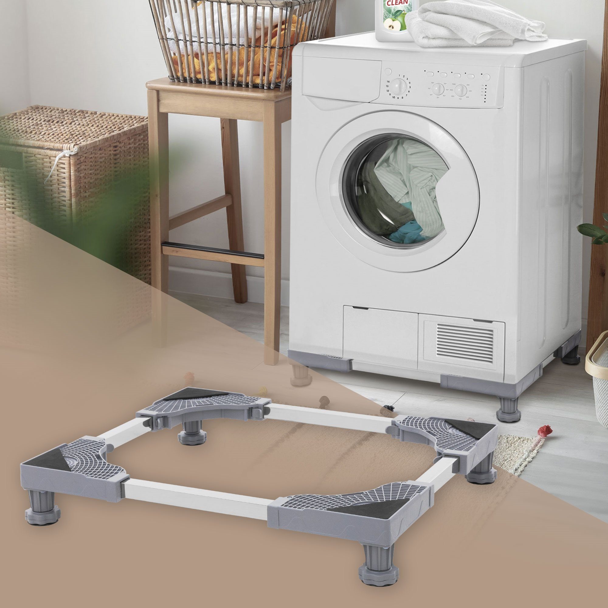 ECD Germany Waschmaschinenuntergestell Waschmaschinen Untergestell Podest rutschfest für Kühlschrank&Trockner, beweglich mit 8 Füßen 4 Räder verstellbar Breite 55-78cm Höhe 10-13cm