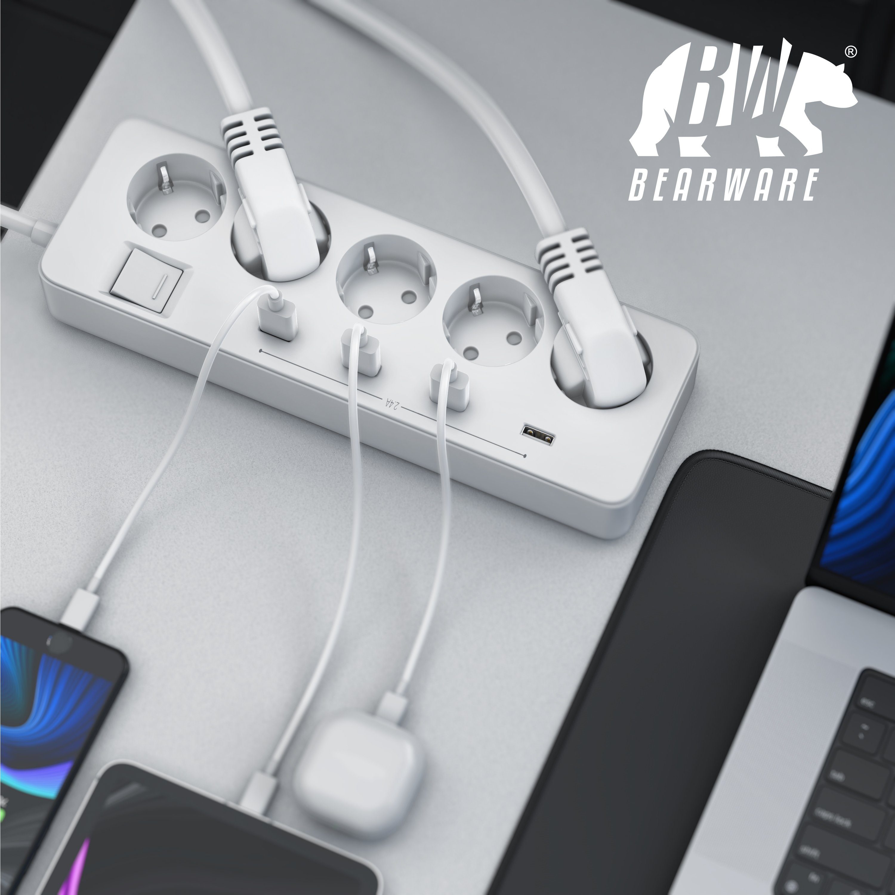 BEARWARE Steckdosenleiste 5-fach (Ein- / Ausschalter, USB-Anschlüsse, Kindersicherung, Schutzkontaktstecker, Überspannungsschutz, Kabellänge 1,50 m), Steckdosenleiste mit USB-Ladevorrichtung - 4x USB-Ports