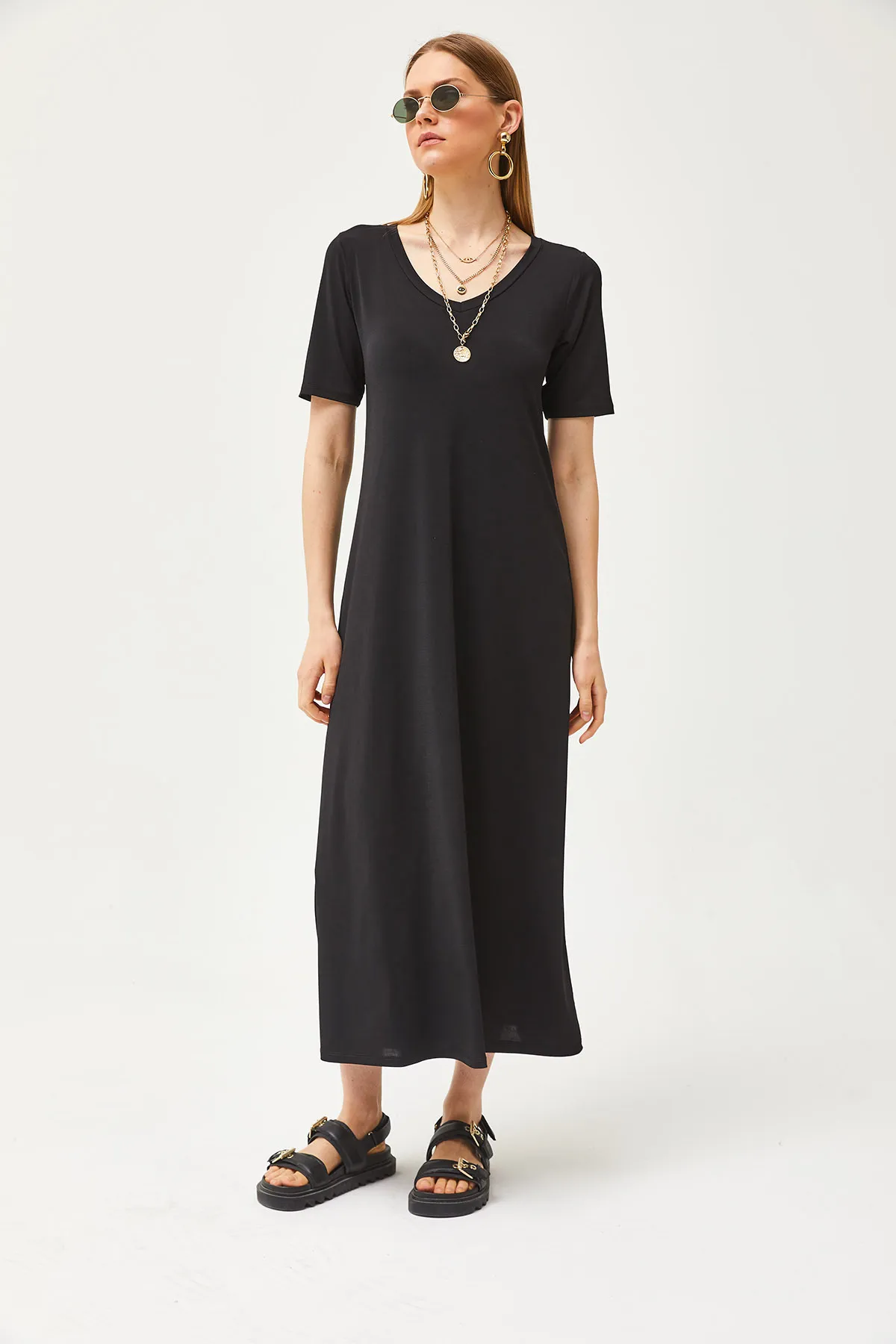Olalook  Schwarzes lässiges Maxikleid mit V-Ausschnitt für Damen ELB-19002076