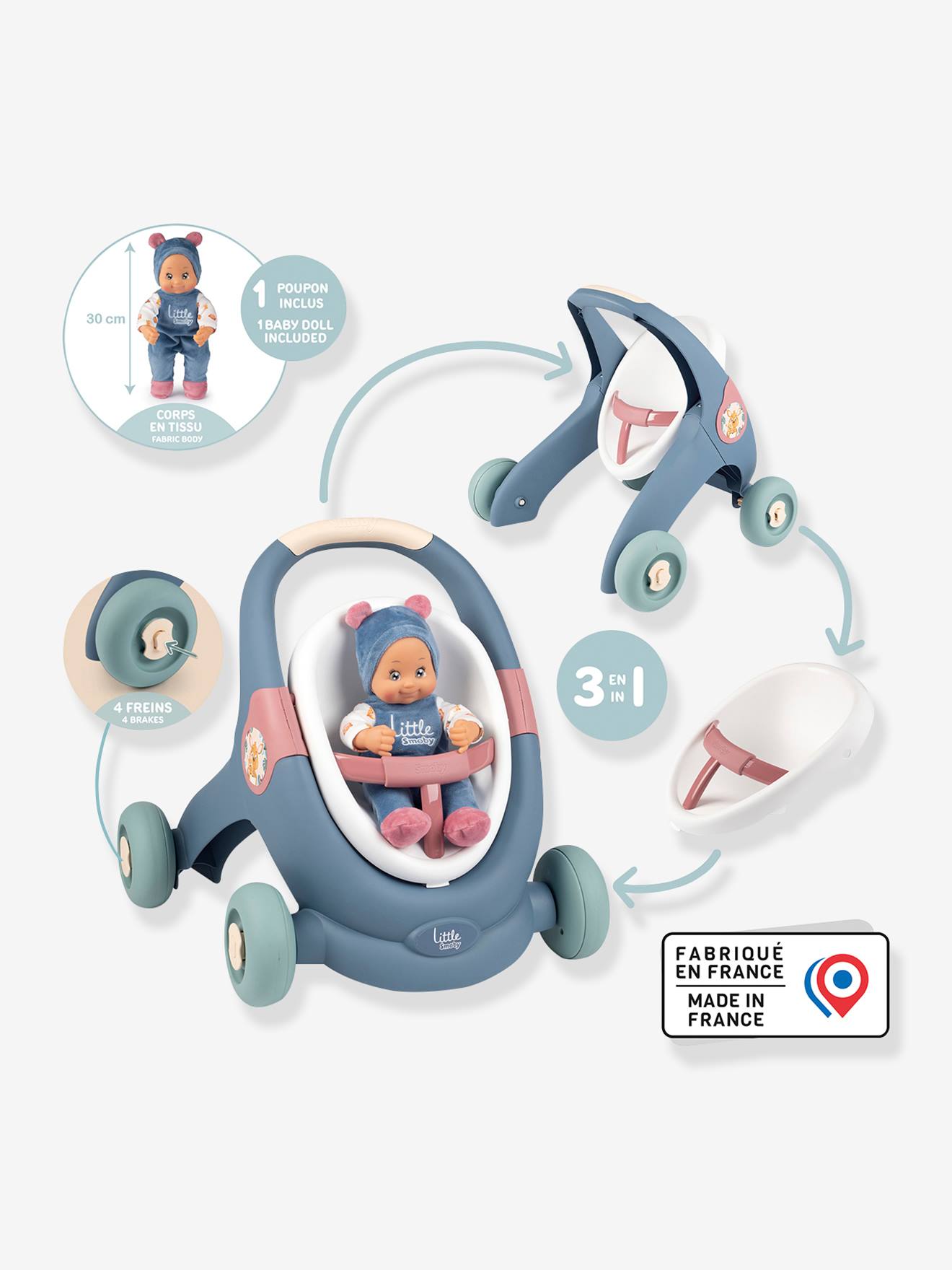 Smoby 3-in-1 Baby Lauflernhilfe/Puppenkinderwagen mit Puppe SMOBY - mehrfarbig