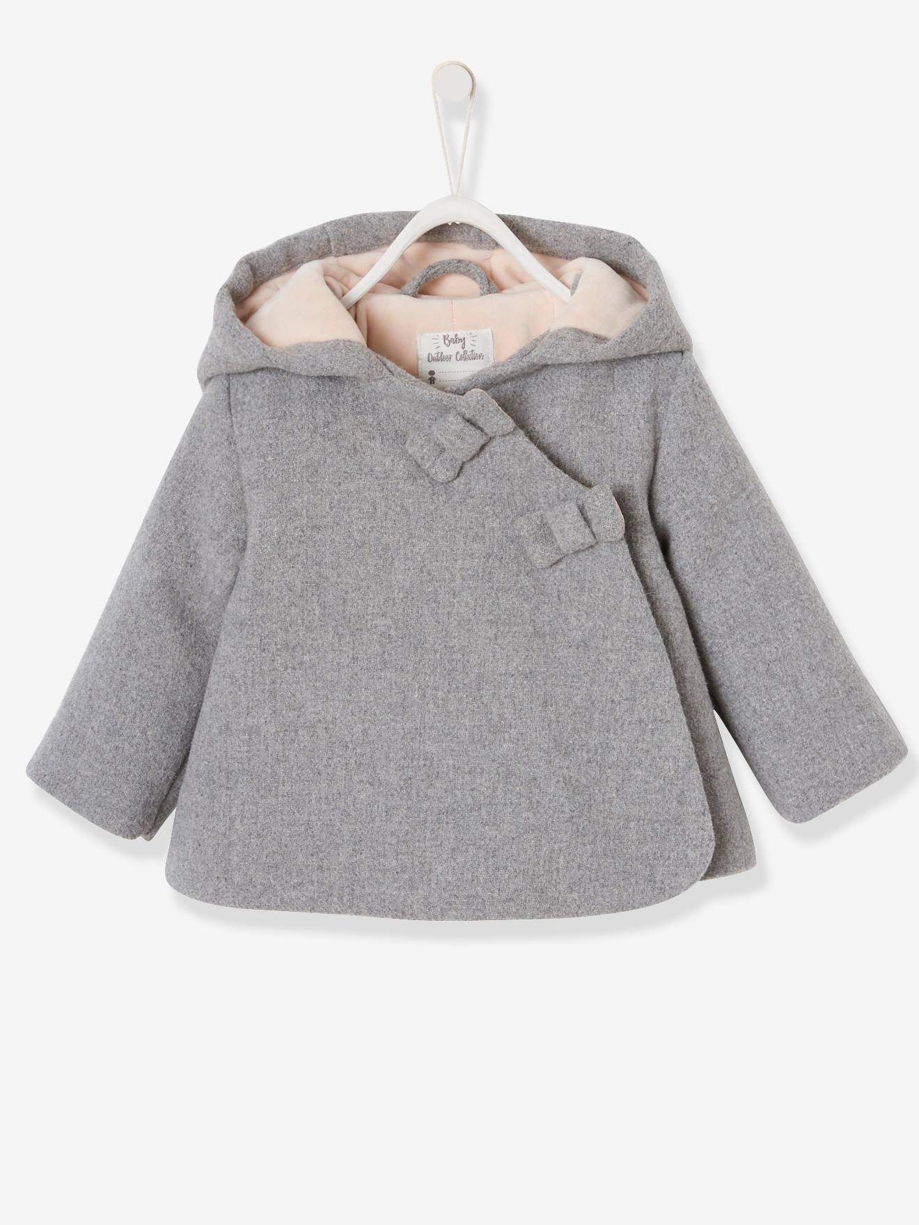 Manteau à capuche bébé fille lainage doublé et ouatiné vieux rose