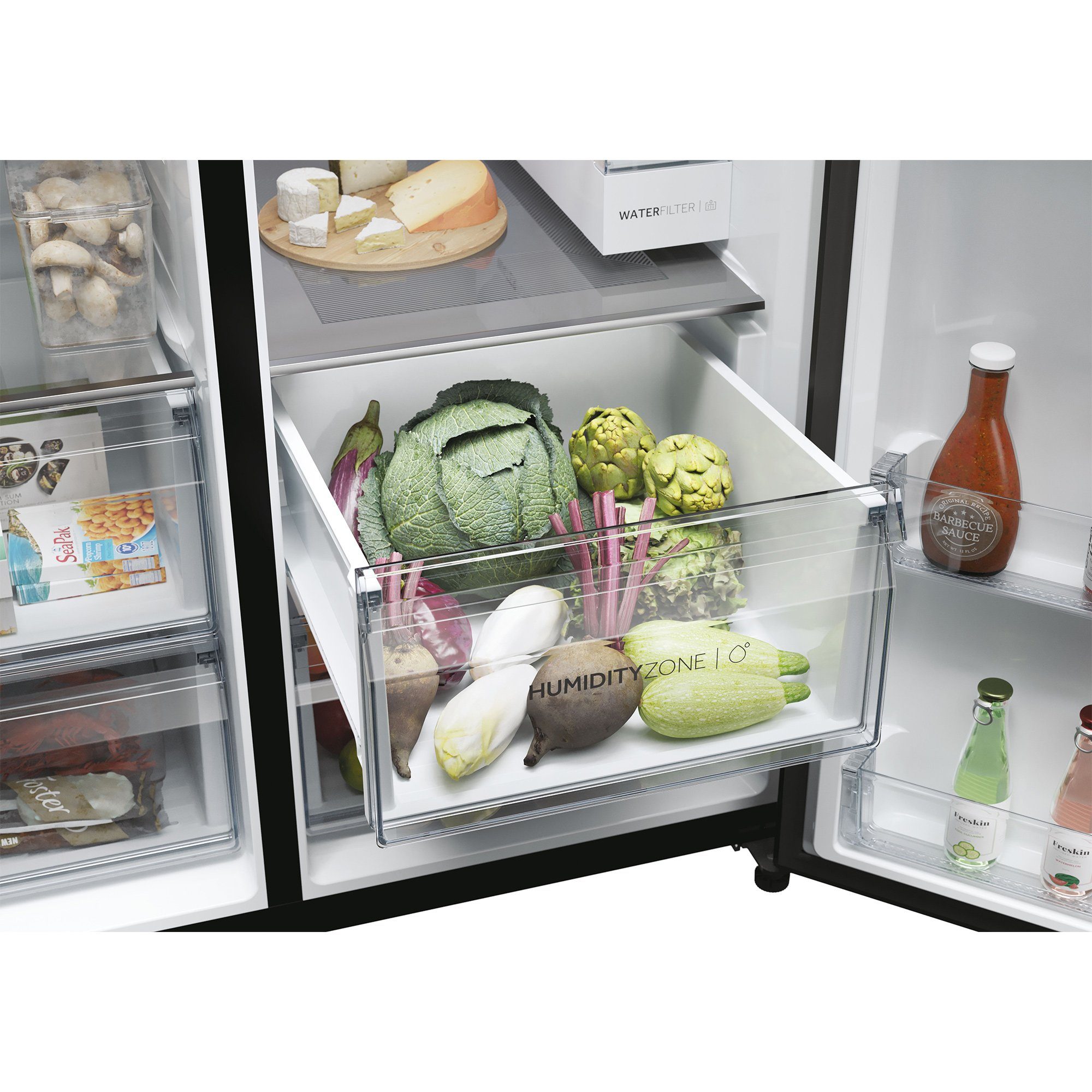 Haier Side-by-Side Front aus Edelstahl schwarz HSW79F18DIPT, 177,5 cm hoch, 90,5 cm breit, Wasser/Eiswürfeldispenser, No Frost, Smart hON App-WIFI