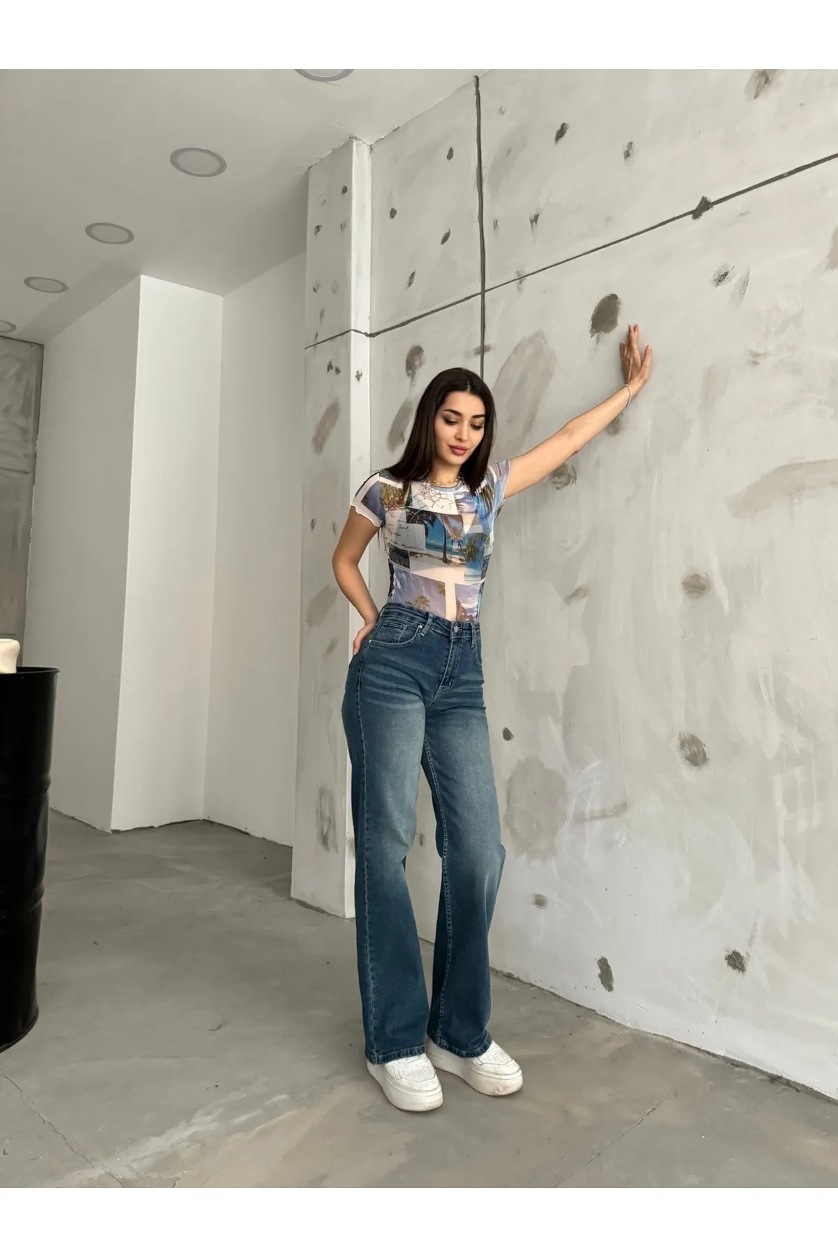 BİKELİFE  Damen-Palazzo-Jeans aus dunkelblauem, blassem Lycra mit hoher Taille und weitem Bein, lockere Passform