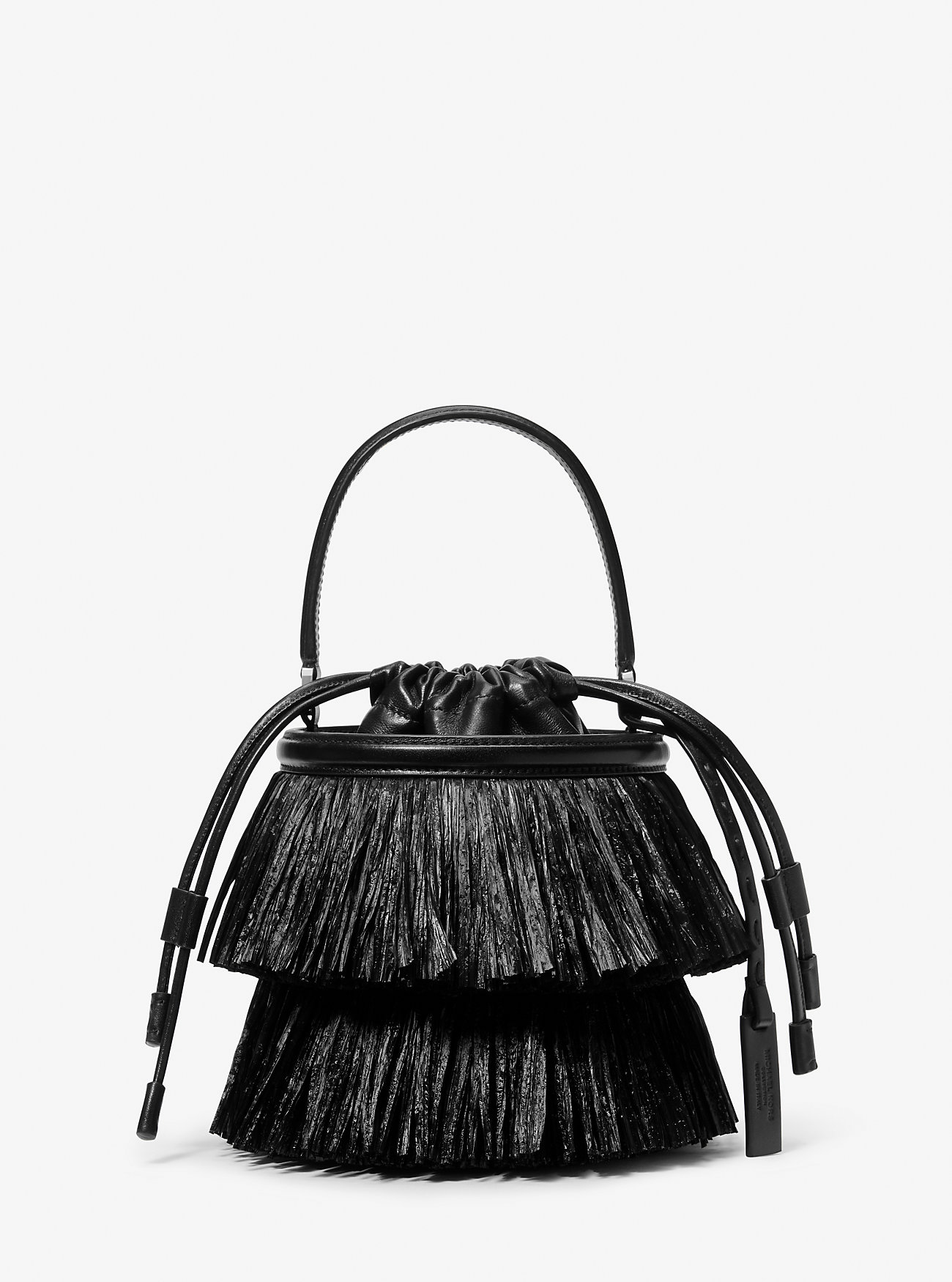 Ischia Mini Leather and Fringe Bucket Bag - BLACK