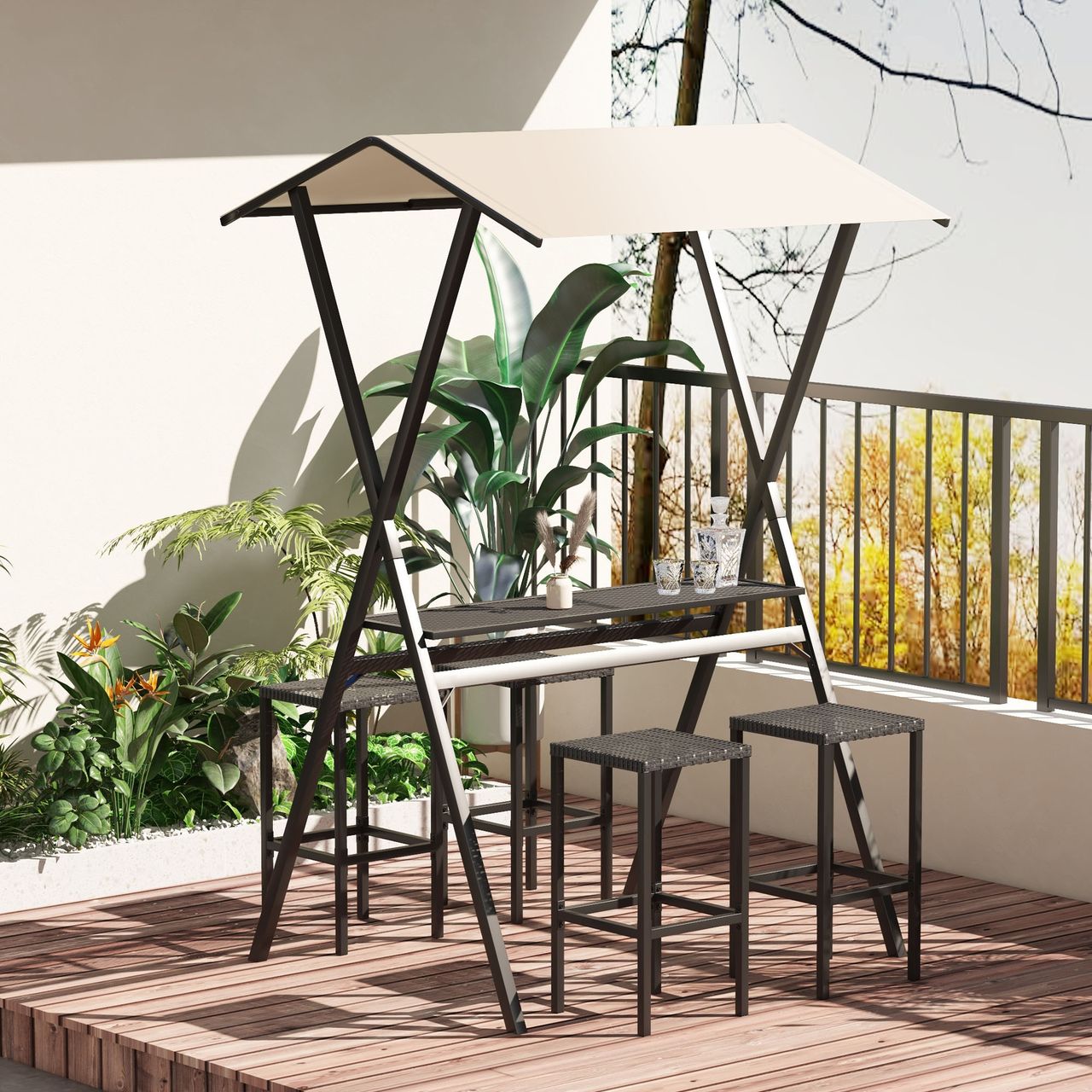 Outsunny Gartenbar-Set Rattan Bartisch mit 4 Barhockern, Stehtisch mit Dach