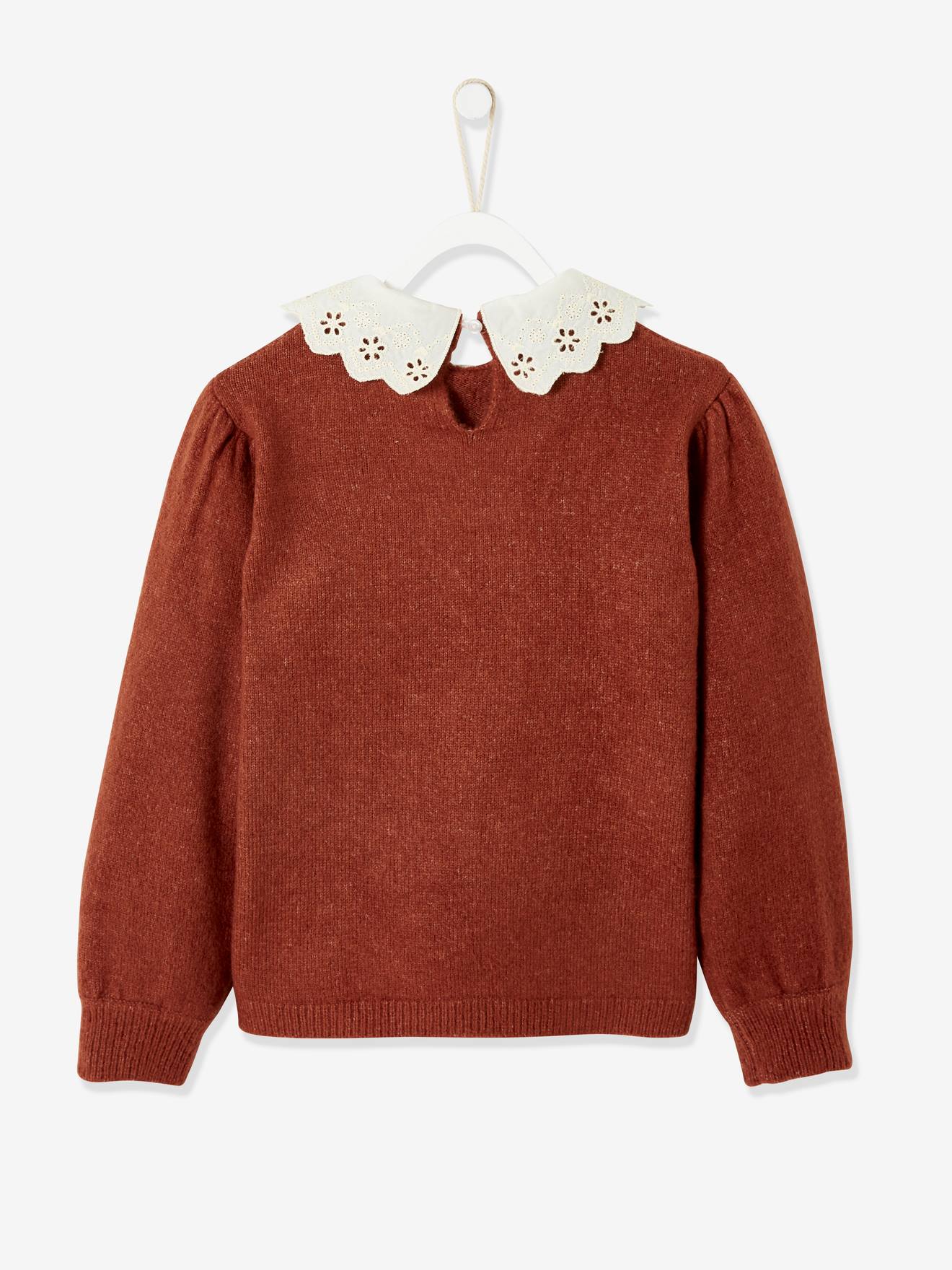 Pull fantaisie col en broderie anglaise fille cacao