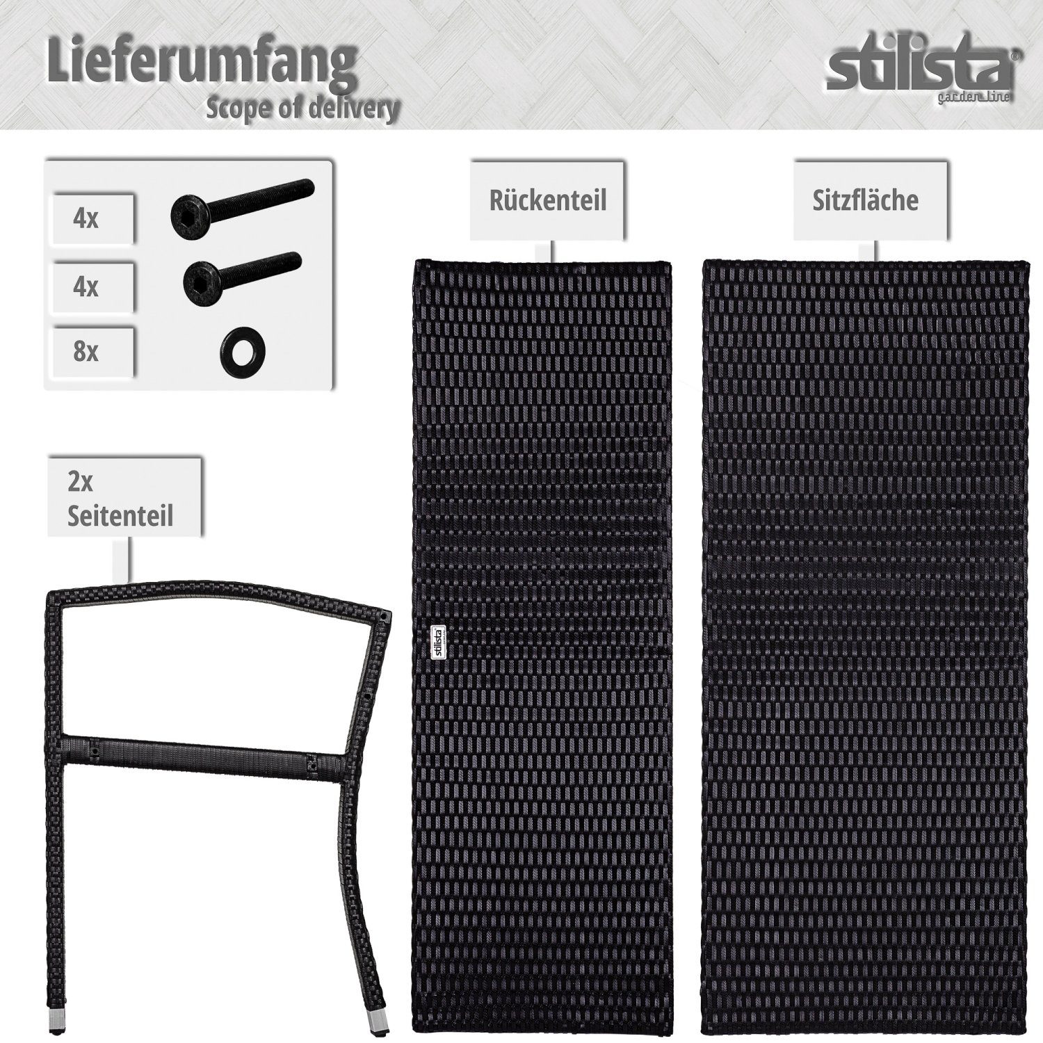 STILISTA Gartenbank 2-Sitzer Sitzbank Parkbank Rattanbank, aus UV-beständigem Polyrattan-Geflecht, 122 x 52 x 89 cm, Farbwahl