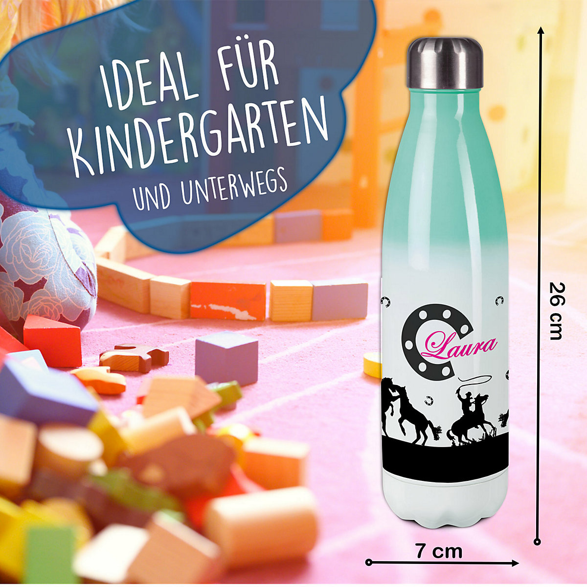 Edelstahl Kinder Thermoflasche / Trinkflasche bunt Pferd-Cowboy schwarz Spülmaschinenfest, Auslaufsicher, Bruchfest, Doppelwandig, Für Heißgetränke geeignet, Mit Deckel, Isoliert