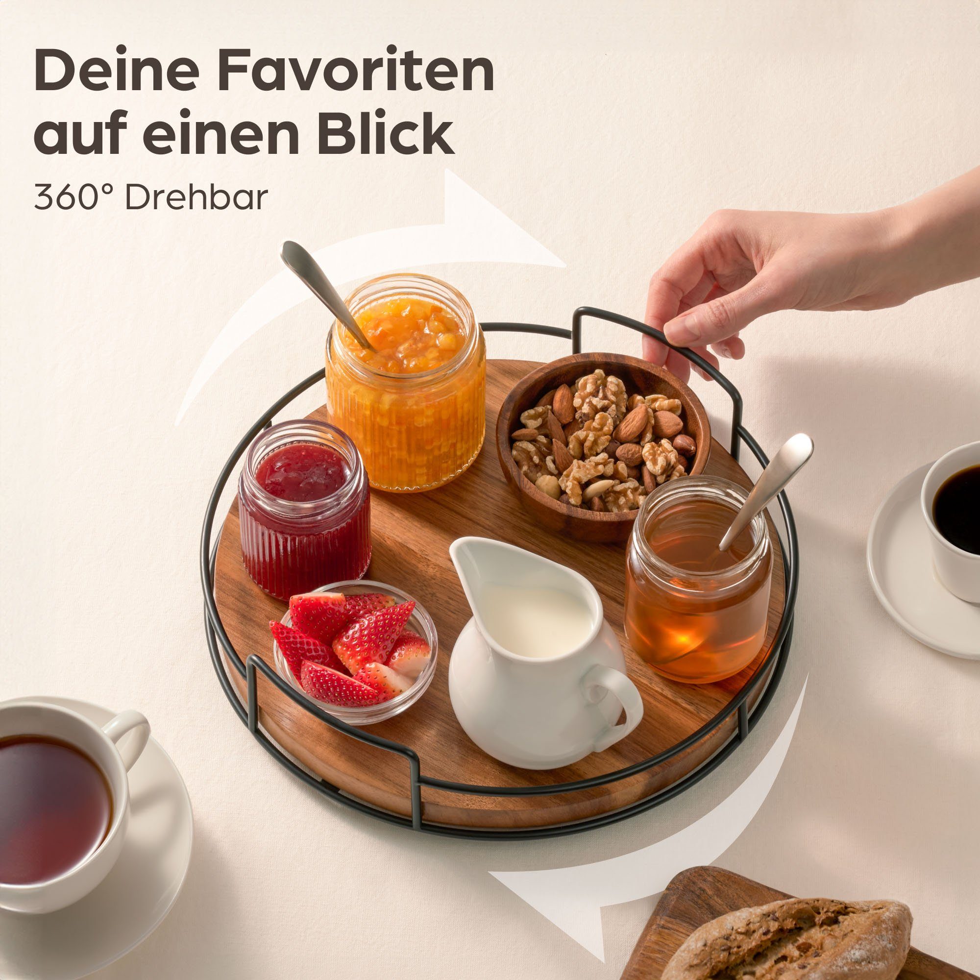 Praknu Gewürzkarussell Drehteller Organizer aus Holz Küche, Lazy Susan Tablett Servierteller, (1-tlg), Servierplatten 360° Drehbar - Rutschfest - Ø 28 cm - FSC Akazienholz