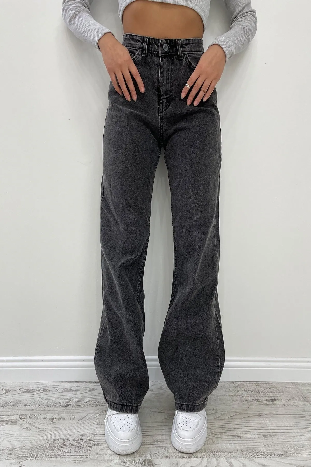 Trn JNS  Hooden Lycra Damen-Jeans, geräuchert, Snow Wash, superhohe Taille, lockeres Bein, Denim-Jeans, lockere Hose