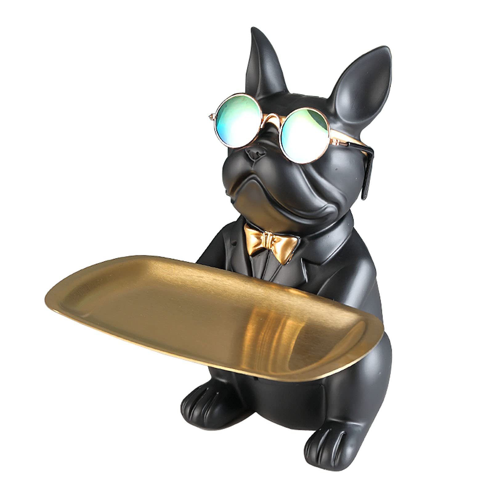 Haiaveng Tierfigur Coole Bulldoggen-Skulptur mit Edelstahltablett Französische Statue