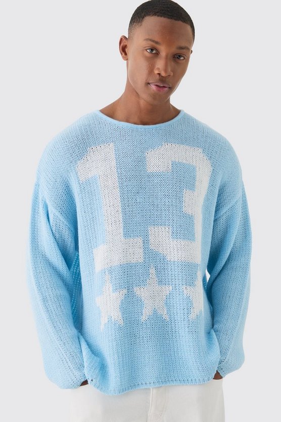 Kastiger Oversize Jacquard-Pullover in Hellblau