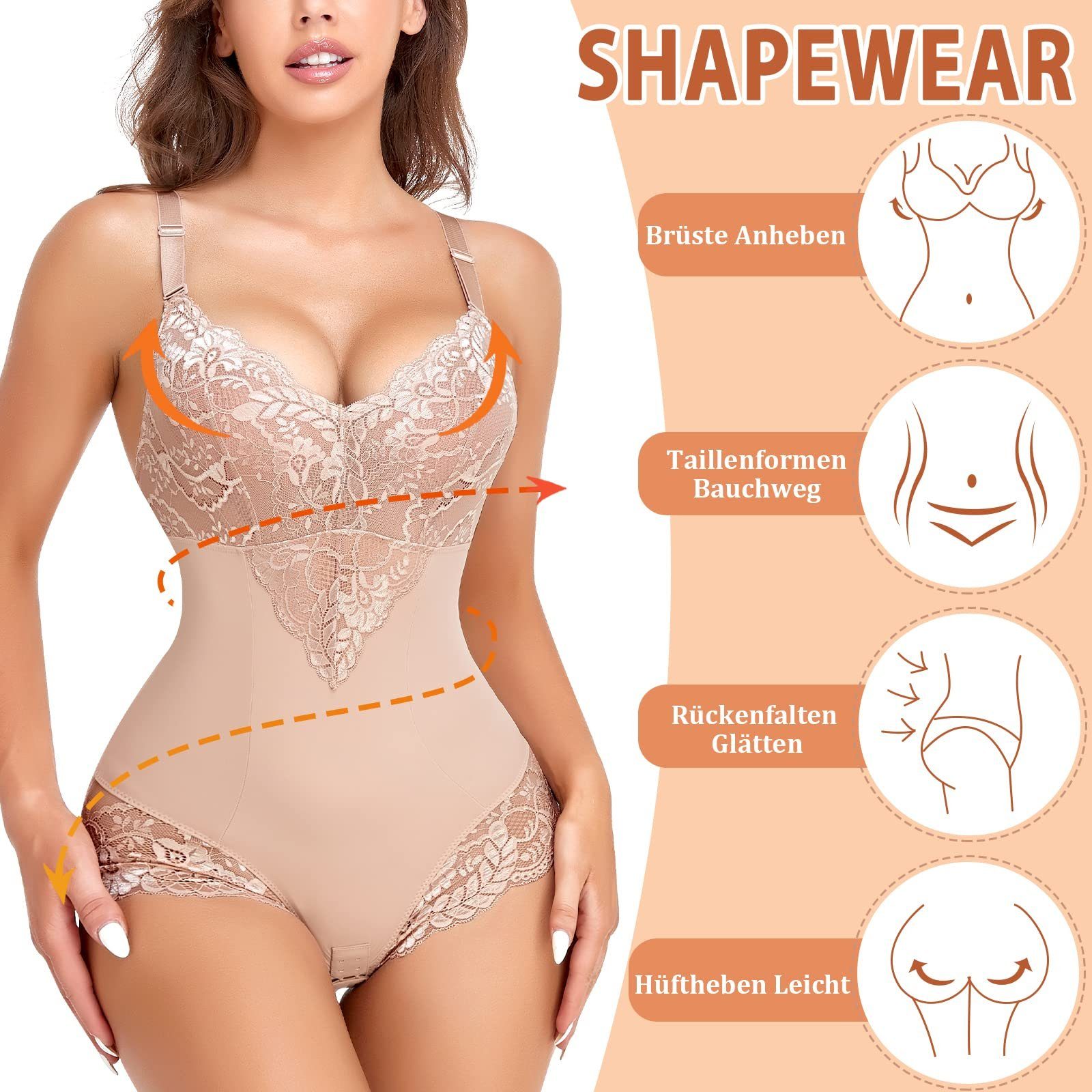 Sarfly Taillenshaper Shapewear Damen Bauchweg Body Shaper Miederslip Shaping Bodysuits Leicht Figurformende Unterwäsche U-Ausschnitt