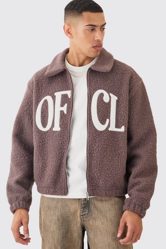 Kastige Oversize Bouclee Bomberjacke mit Borg-Applikation