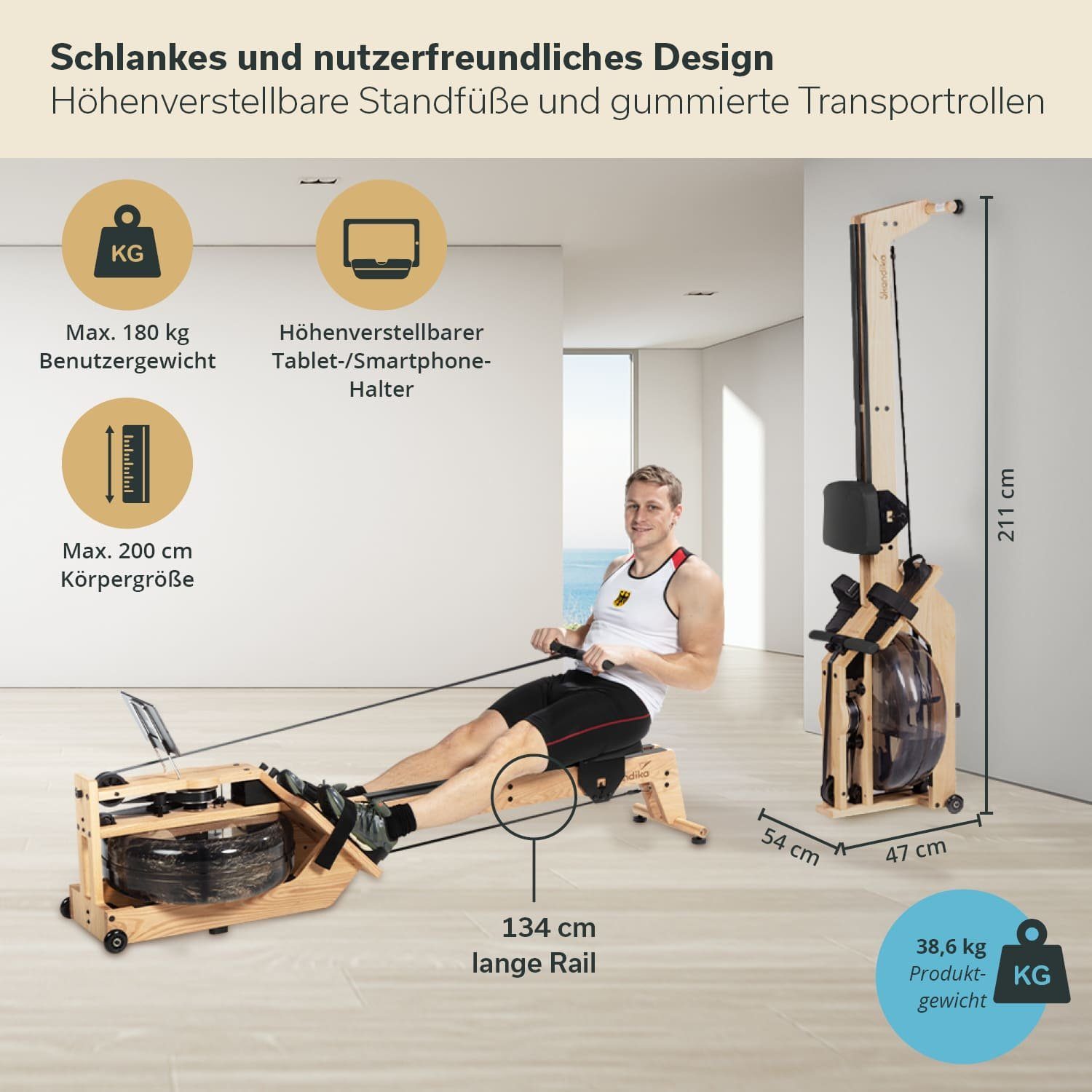 Skandika Rudergerät Styrke, Rudergerät Wasser aus Holz, Wasserrudergerät für Zuhause, Eiche