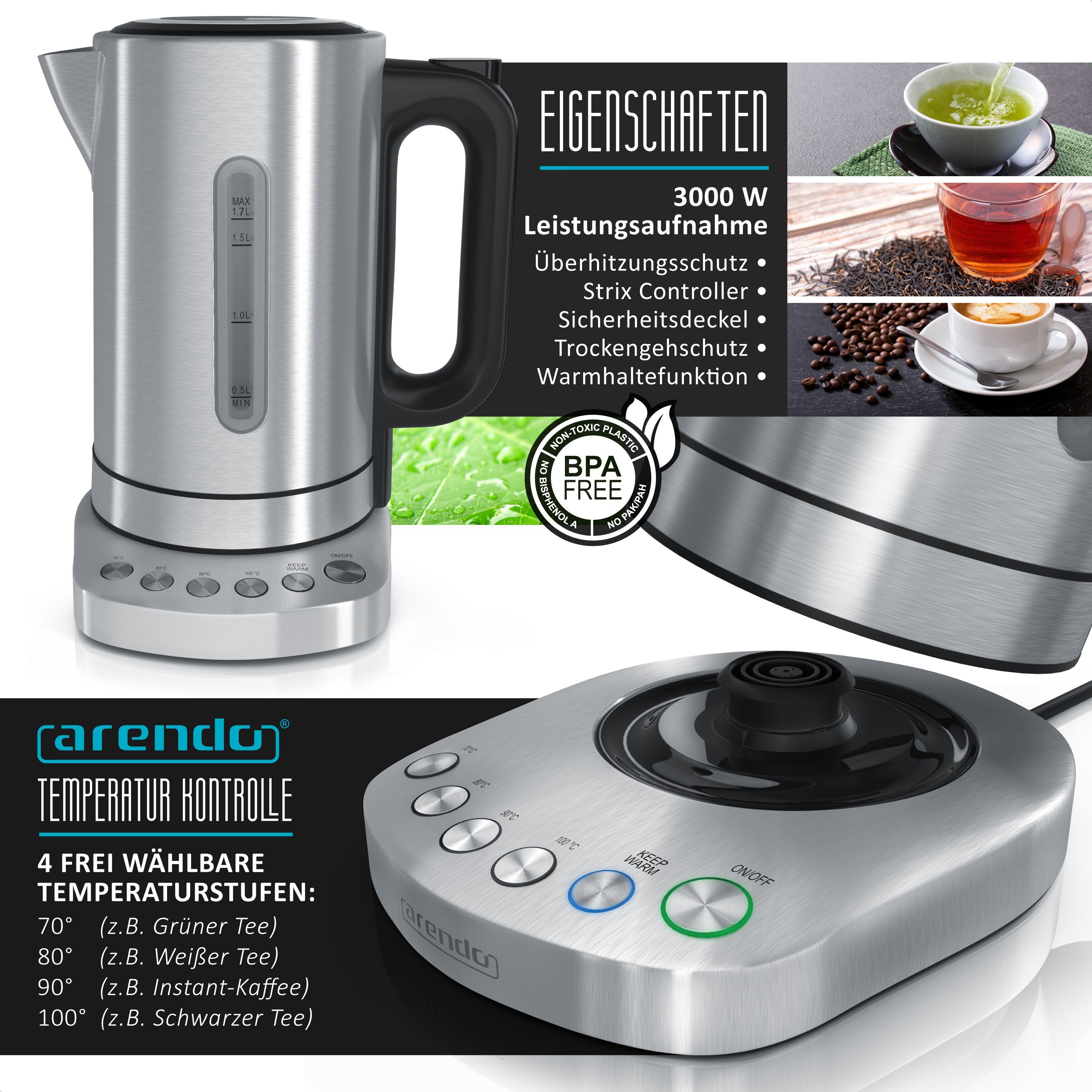 Arendo Frühstücks-Set (3-tlg), Wasserkocher 1,7l, 2-Scheiben Toaster, Eierkocher 7-fach, Edelstahl