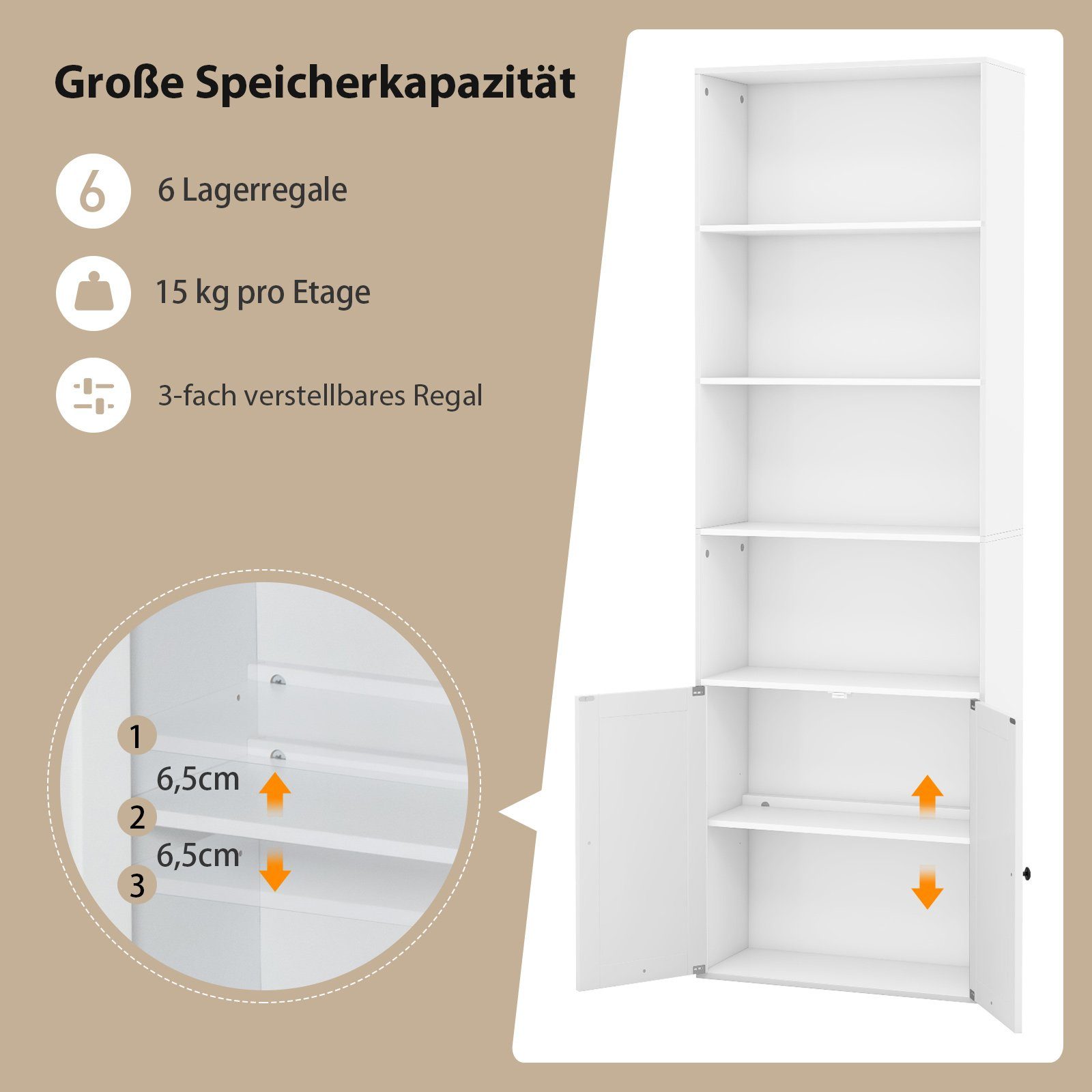 COSTWAY Bücherregal, 180cm Bücherschrank mit Türen & 4 offenen Fächern