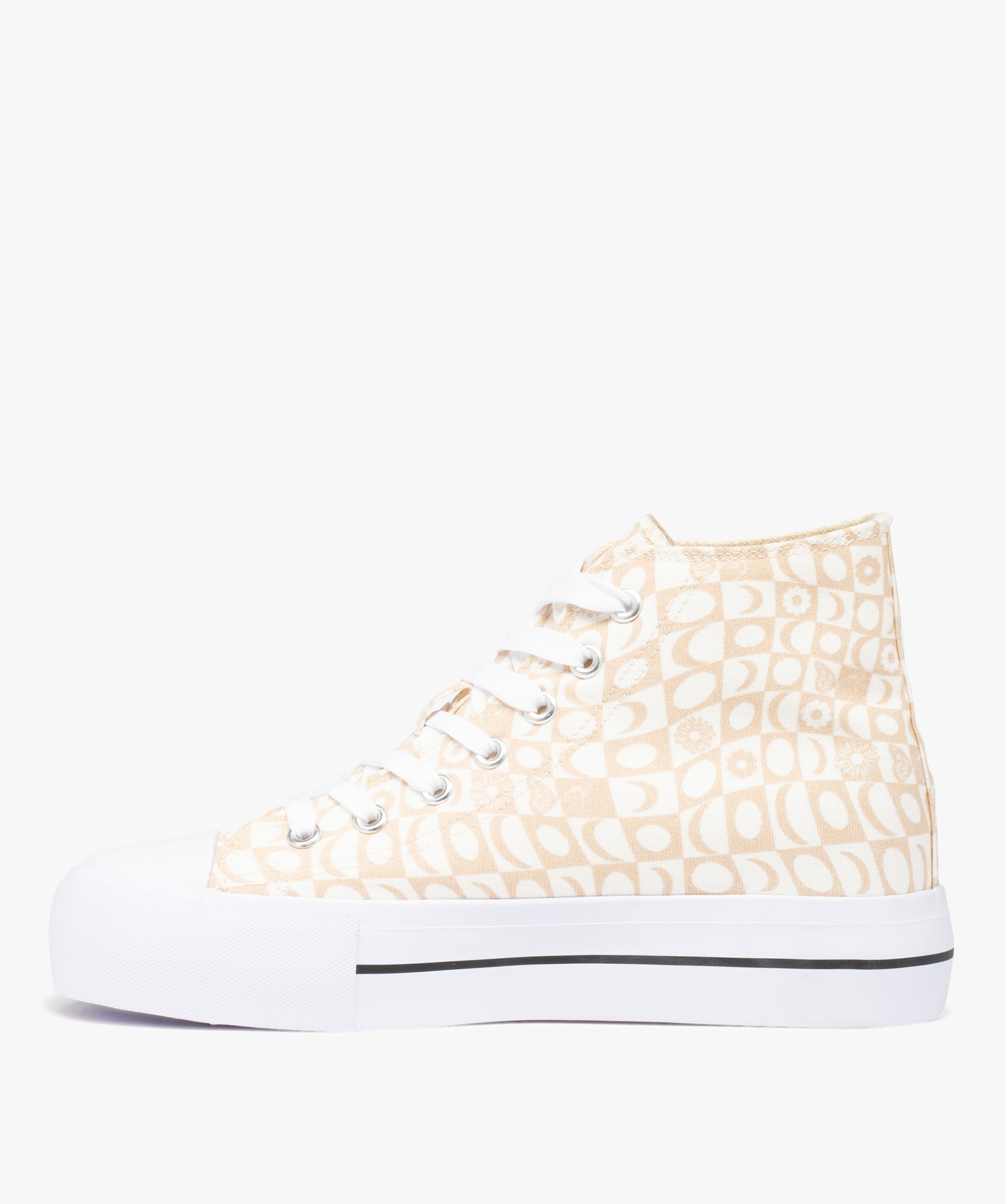 Baskets femme mid-cut en toile imprimée damier beige | GEMO