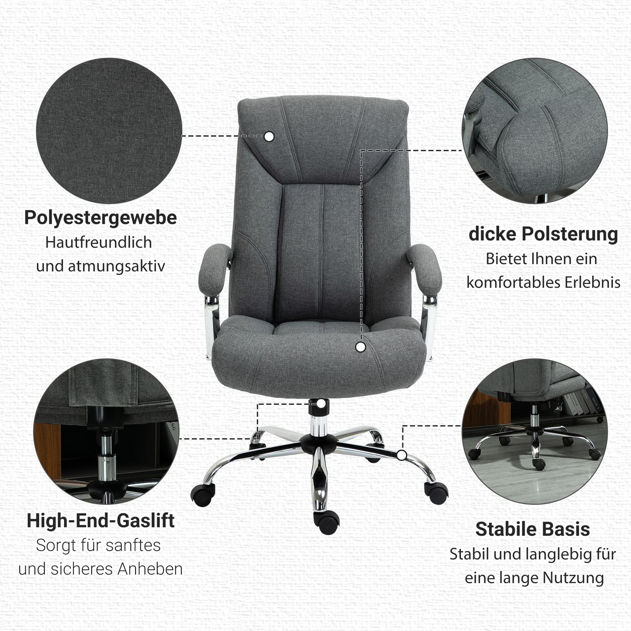 HOMCOM Vinsetto Bürostuhl mit Wippfunktion ergonomischer Stuhl mit gepolsterte Armlehne Kopfstütze höhenverstellbarer Schreibtischstuhl Drehstuhl mit Rückenlehne Nylon Grau 65 x 78 x 110-120 cm