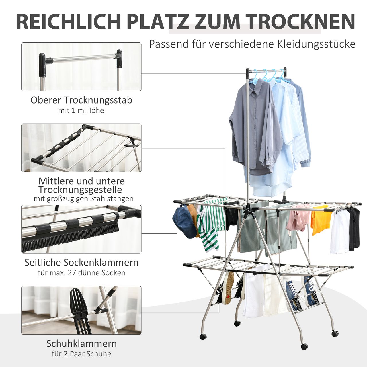 HOMCOM Kleiderständer Wäschetrockner Wäscheständer Standtrockner zusammenklappbar großer Trockenraum Edelstahl 138,5x63x208cm