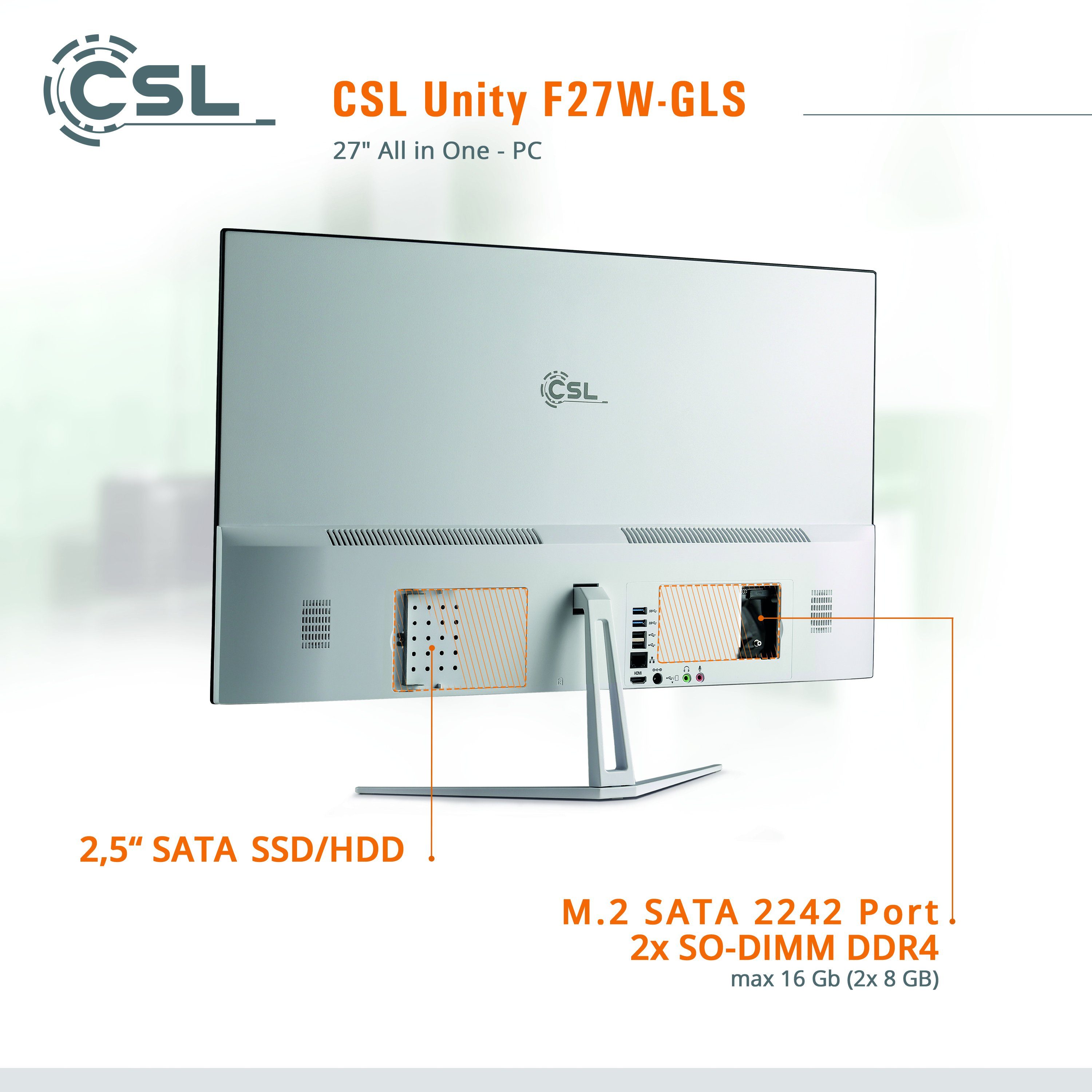 CSL Unity F27-JLS Pentium PC (27 Zoll, Intel® N6000, Intel® UHD Graphics, 8 GB RAM, 256 GB SSD, passiver CPU-Kühler)