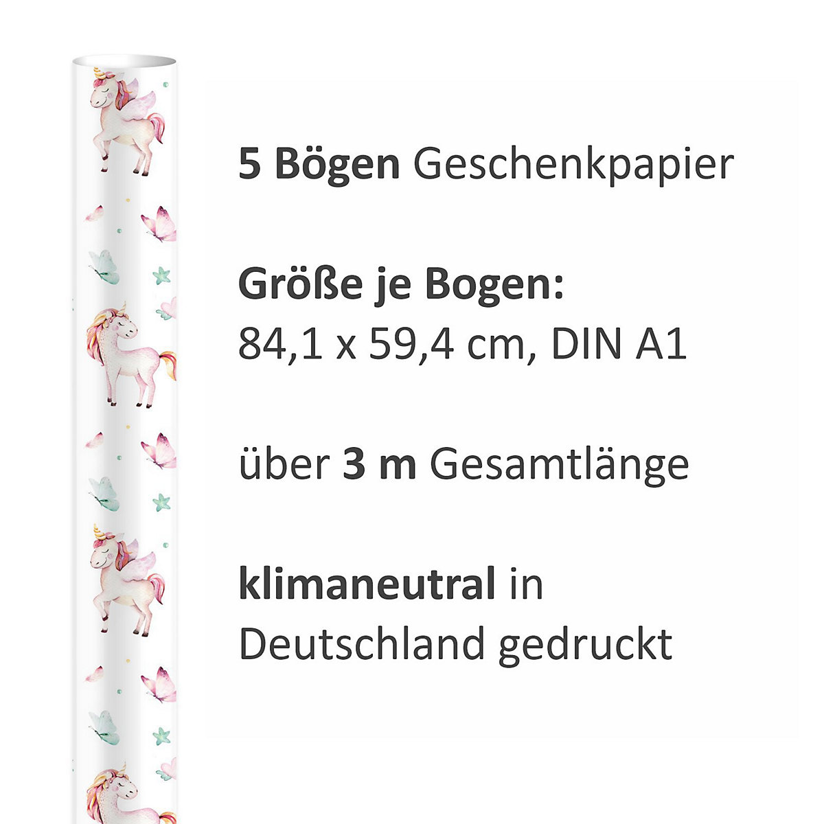 Geschenkpapier 5 Bögen Einhorn bunt Aquarell – 1,60€/qm Größe: - 84,1 x 59,4 cm Geschenkpapier