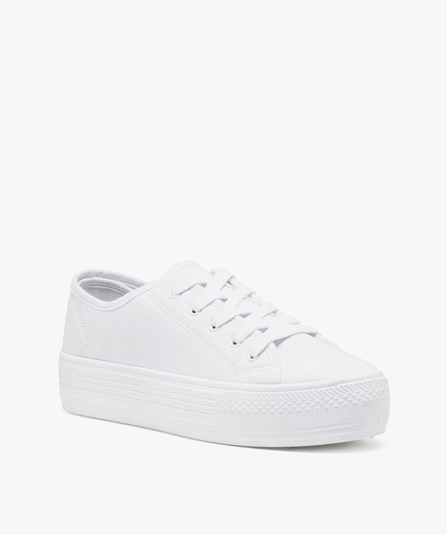 Baskets femme en toile unie et semelle plateforme blanc | GEMO