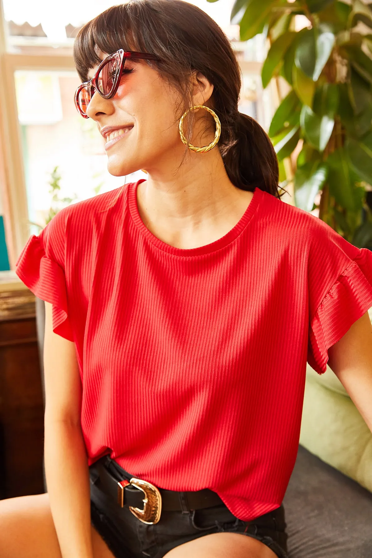 Olalook  Rotes Rüschen-Camisole-T-Shirt für Damen mit roten Ärmeln TSH-19000417