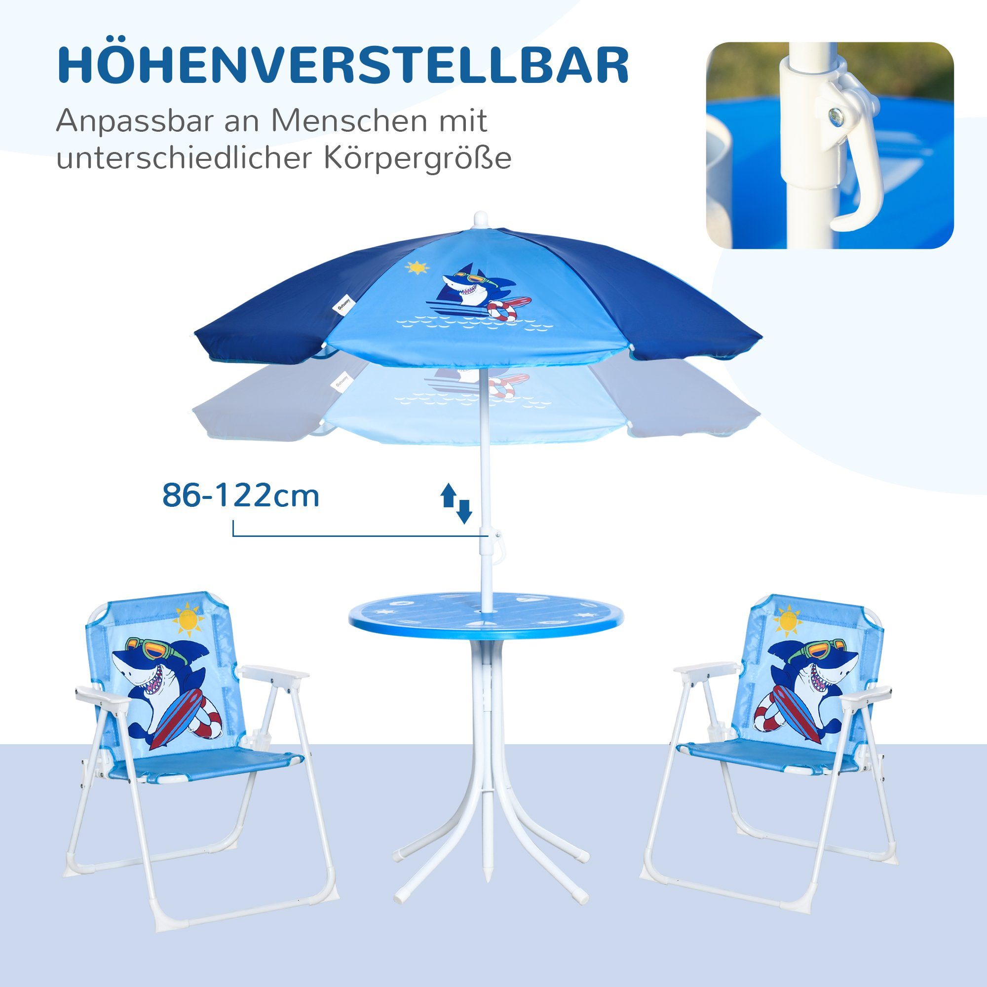 Outsunny Kindersitzgruppe Kindersitzgruppe, (Set, 4-tlg., 2 Stühle, 1 Tisch), Tisch mit Sonnenshirm