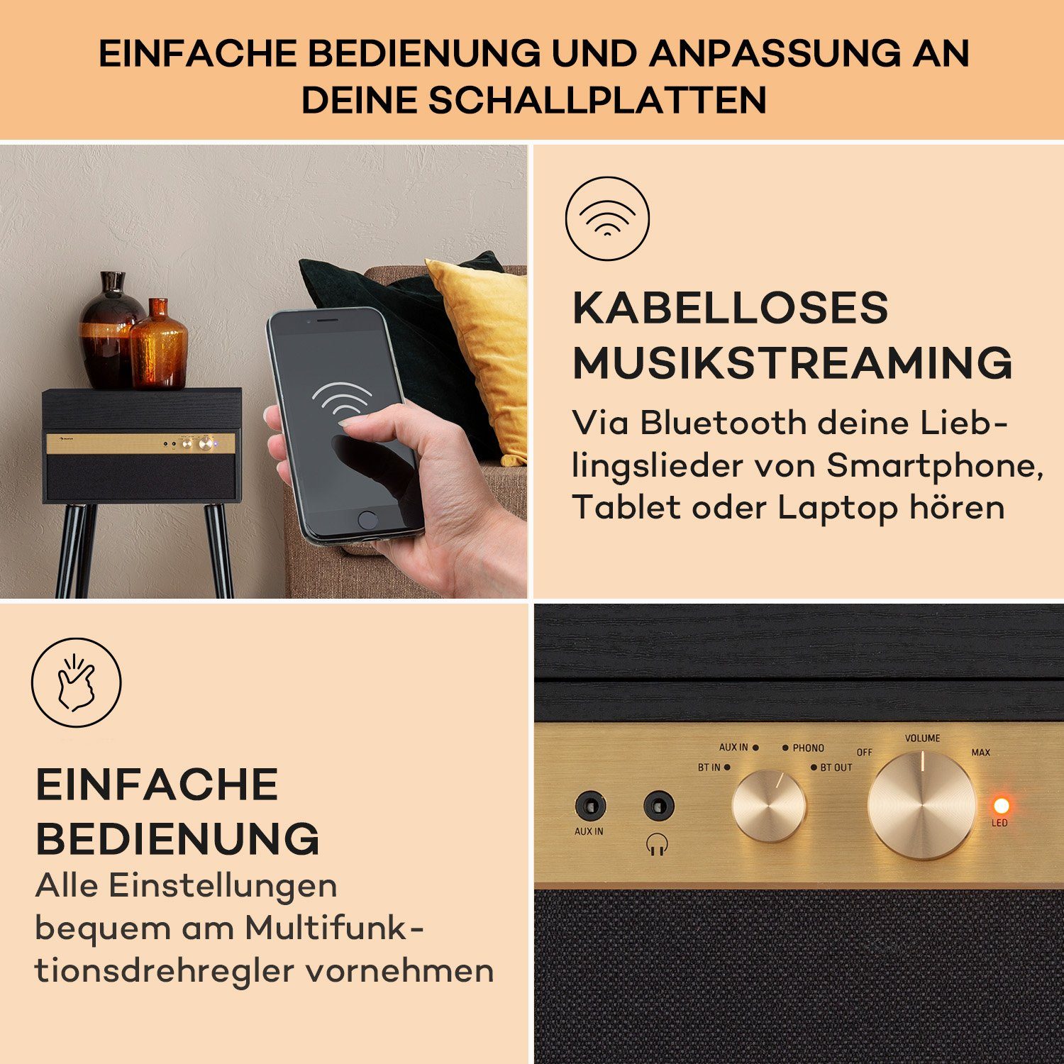 Auna Berklee TT Case Plattenspieler (Riemenantrieb, Bluetooth, Bluetooth lautsprecher Kopfhöreranschluss AUX IN Schwarz)